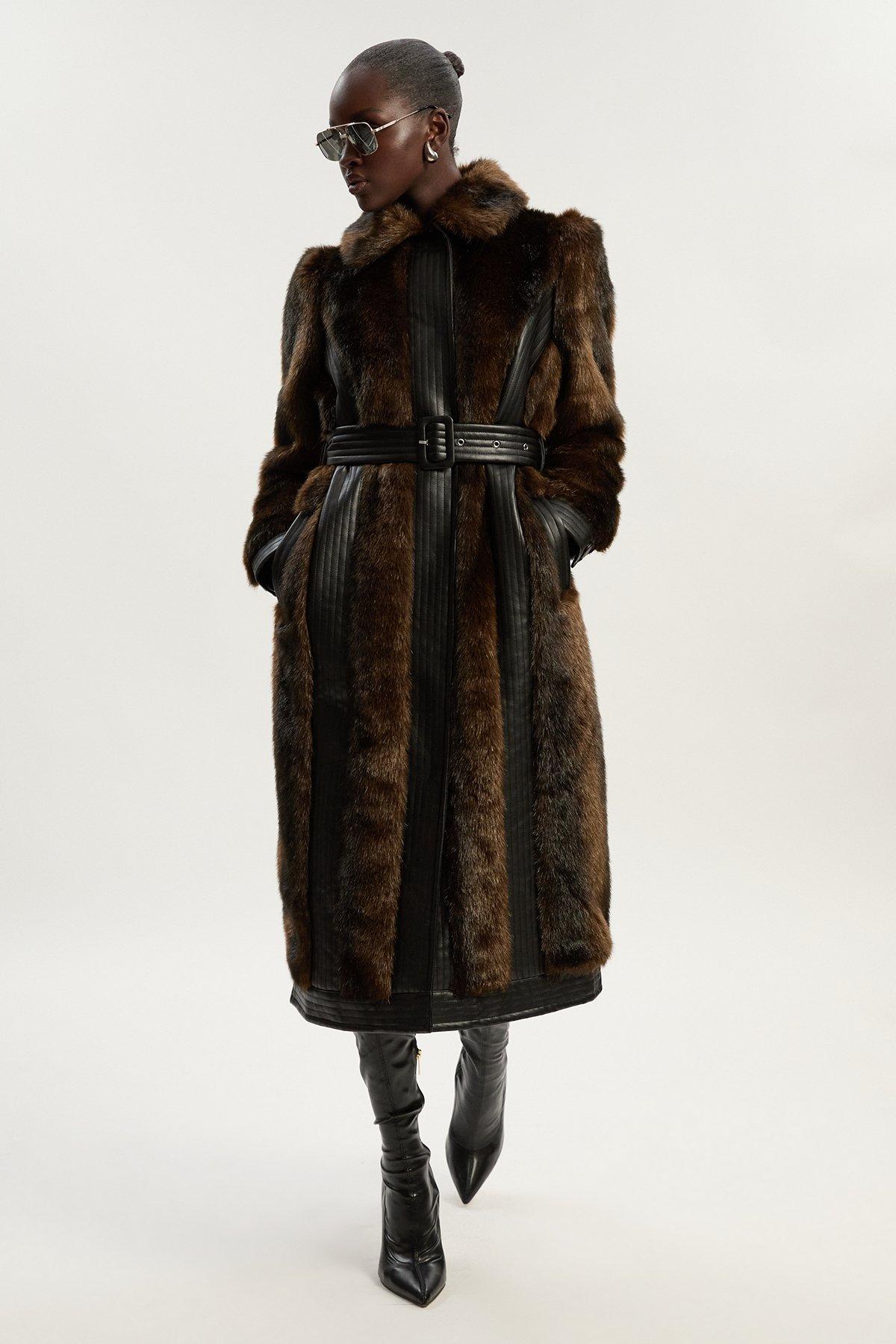 Petite Faux Fur PU Panelled Belted Midi Coat - Brown