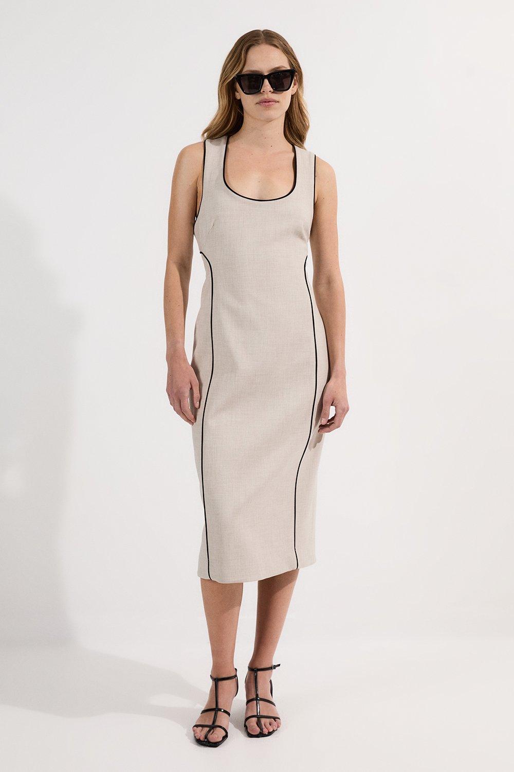 Tailored Marl Contrast Tipped Pencil Midi Dress - Neutral