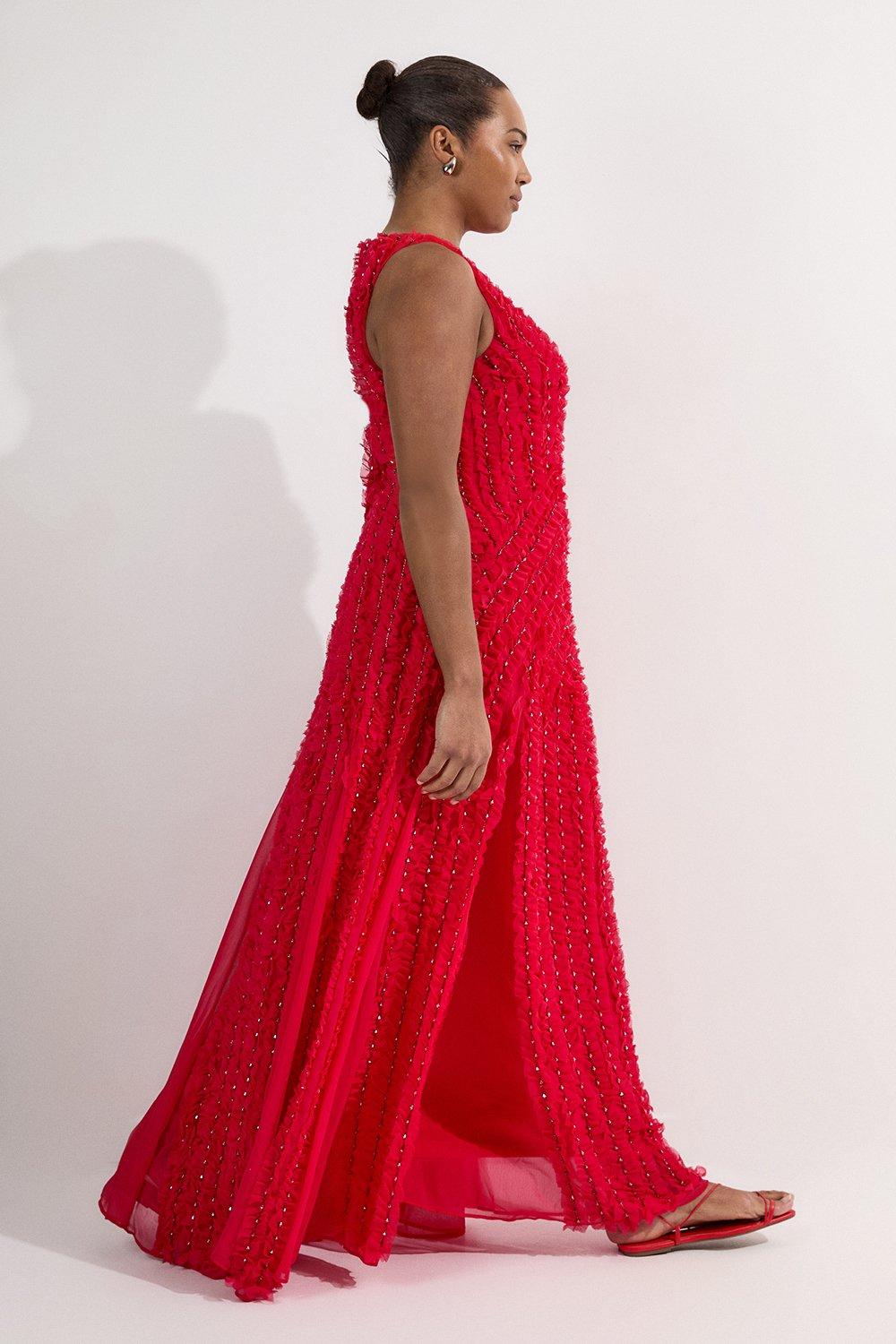 Plus Size Embellished Ruffle Keyhole Cutout Woven Maxi Dress - Pink