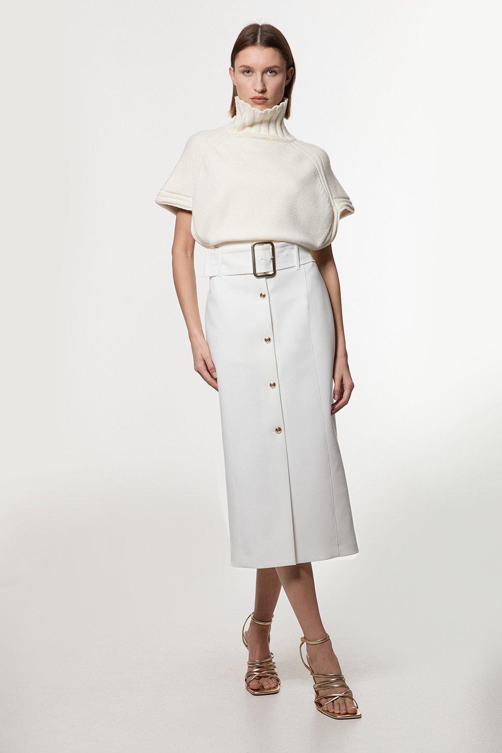 Clean Tailored Belted Pencil Midi Skirt - Ivory