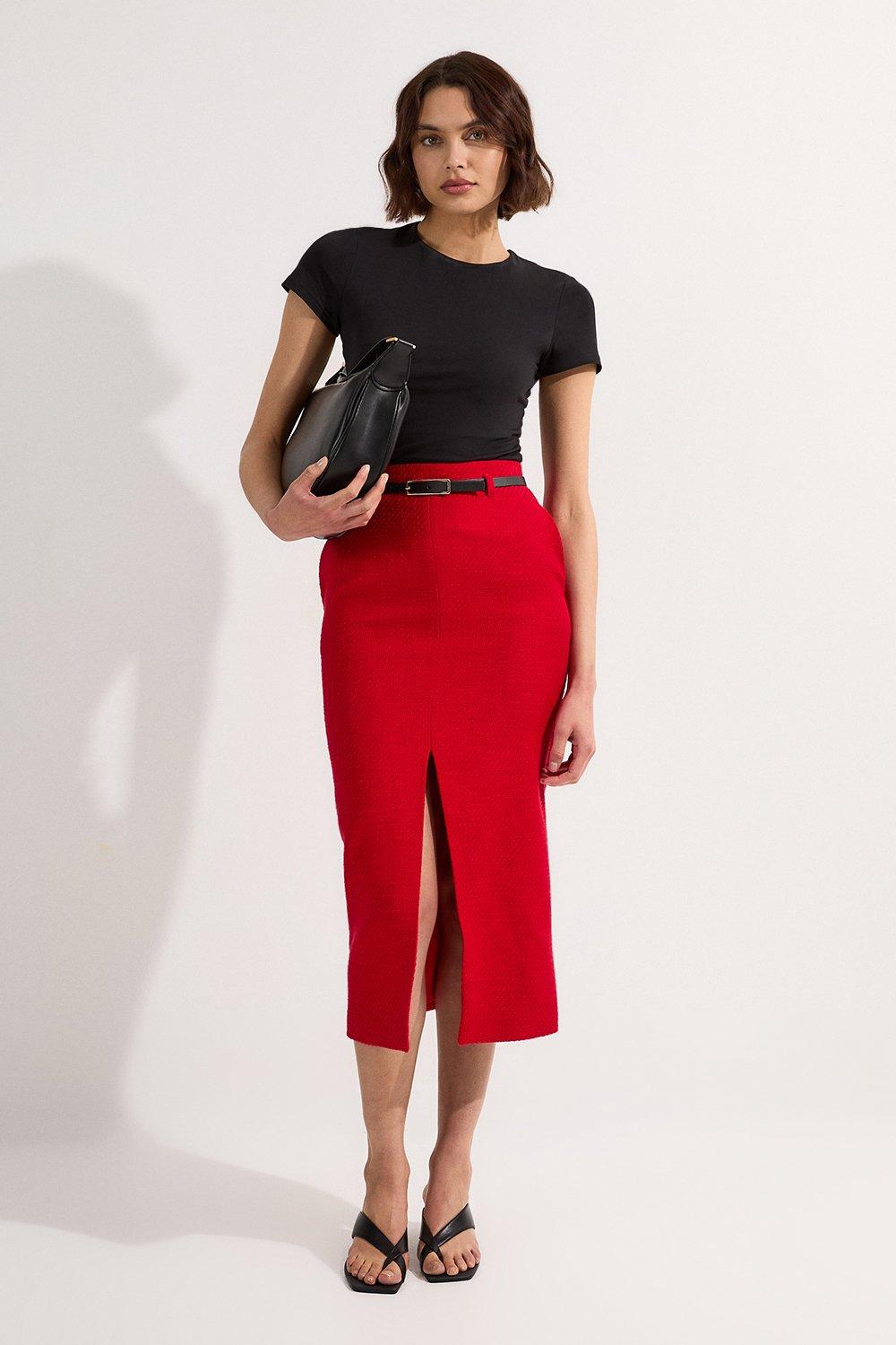 Tall Textured Tweed Tailored Pencil Skirt – Red