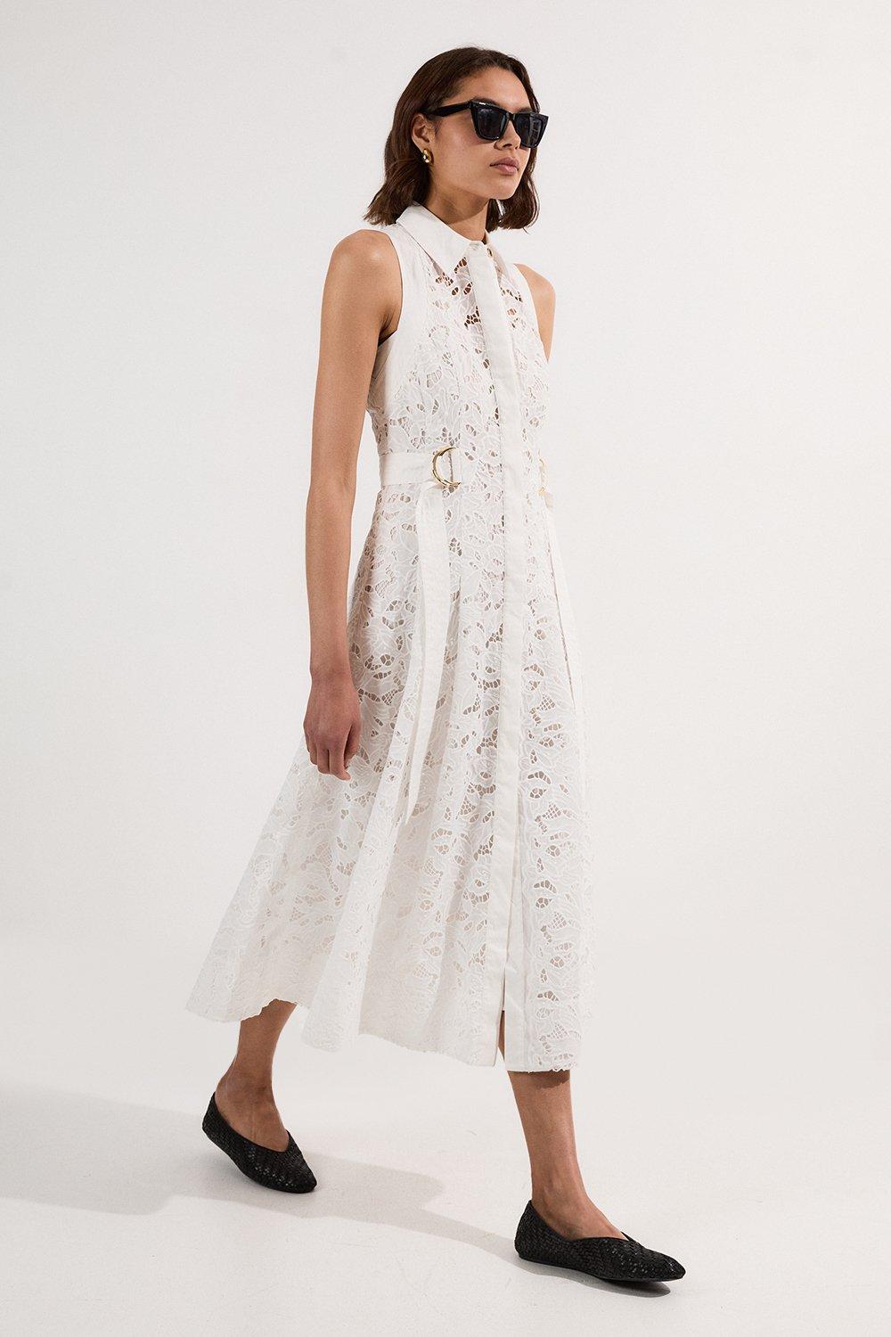 Cutwork Topstitch Halter Woven Midi Dress With Gold D Ring Detail - White