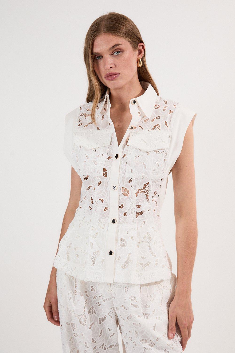 Tall Cutwork Topstitch Pintuck Woven Blouse - White