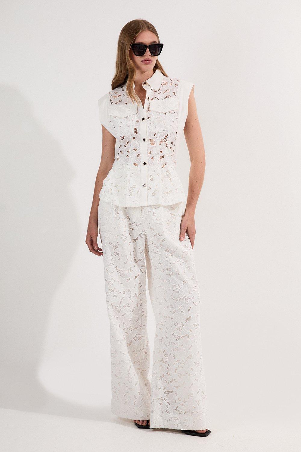 Cutwork Woven Straight Leg Trouser - White
