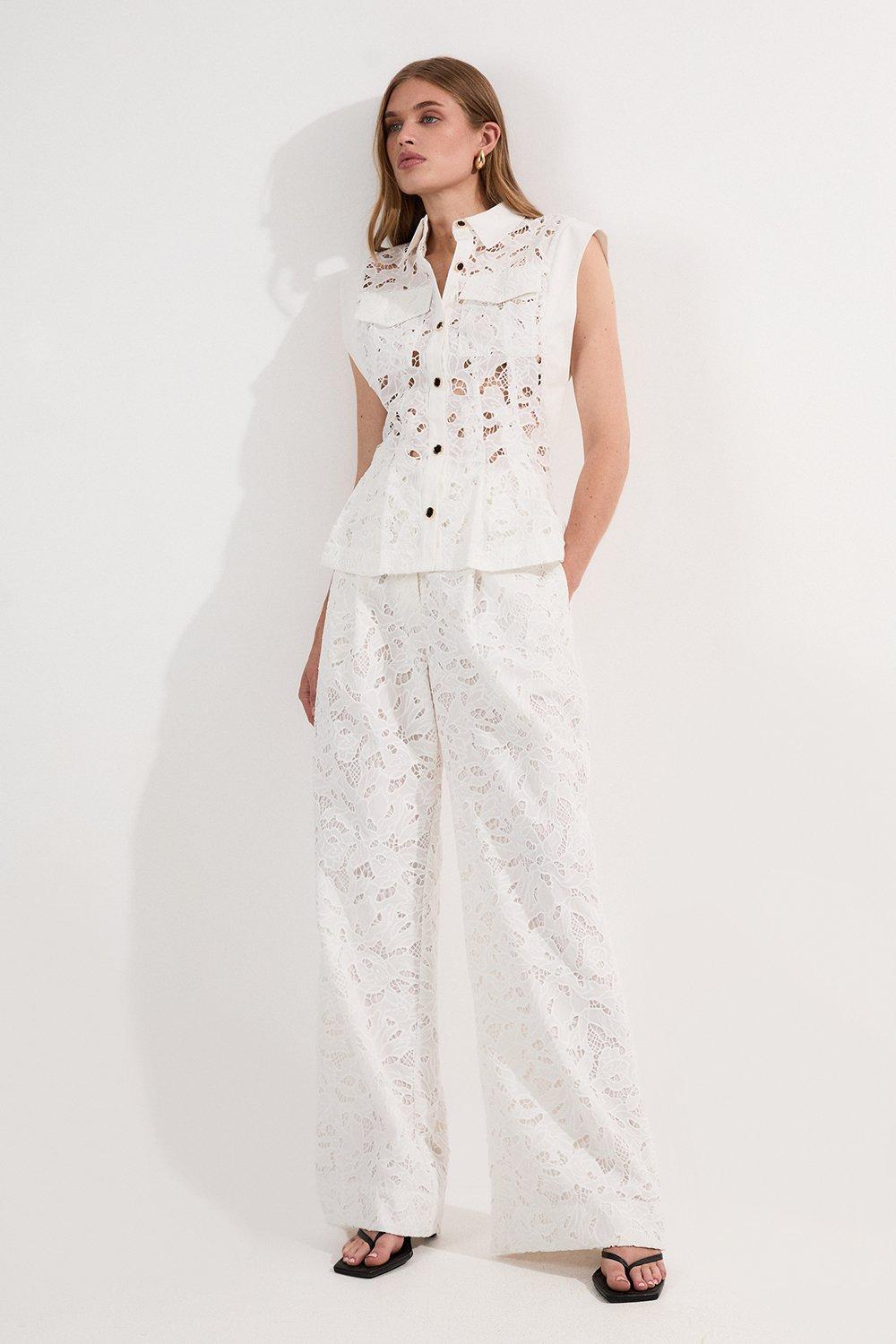 Tall Cutwork Woven Straight Leg Trouser - White