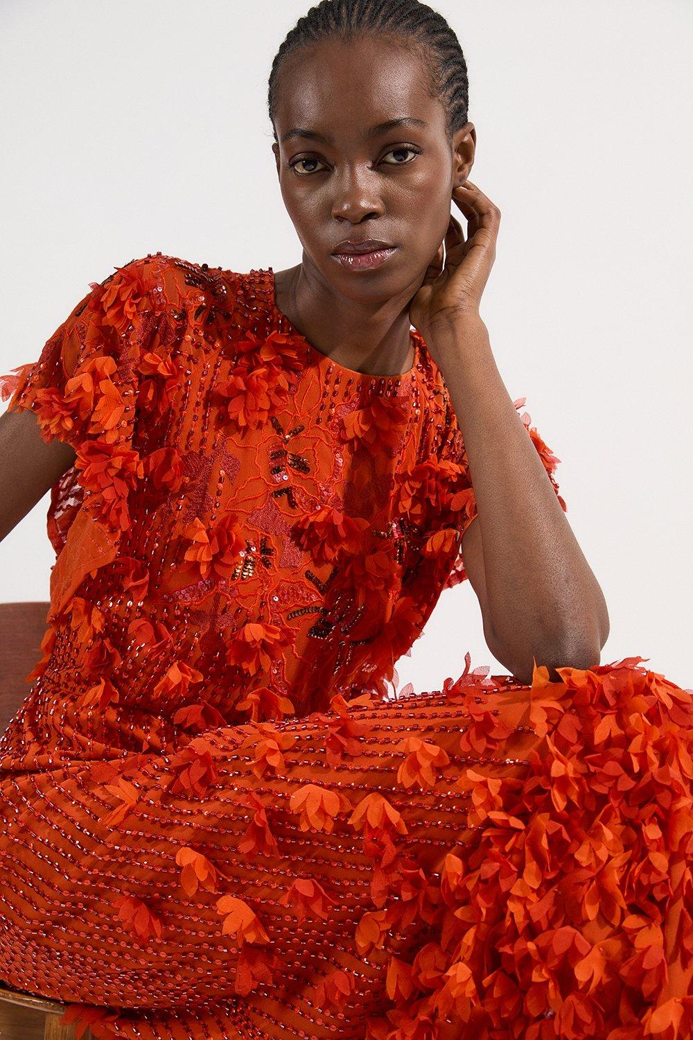 Embroidery And Applique Angel Sleeve Woven Maxi Dress - Orange