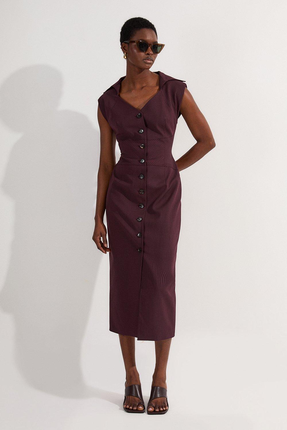 Pinstripe Corseted Tailored Pencil Midi Dress – Red