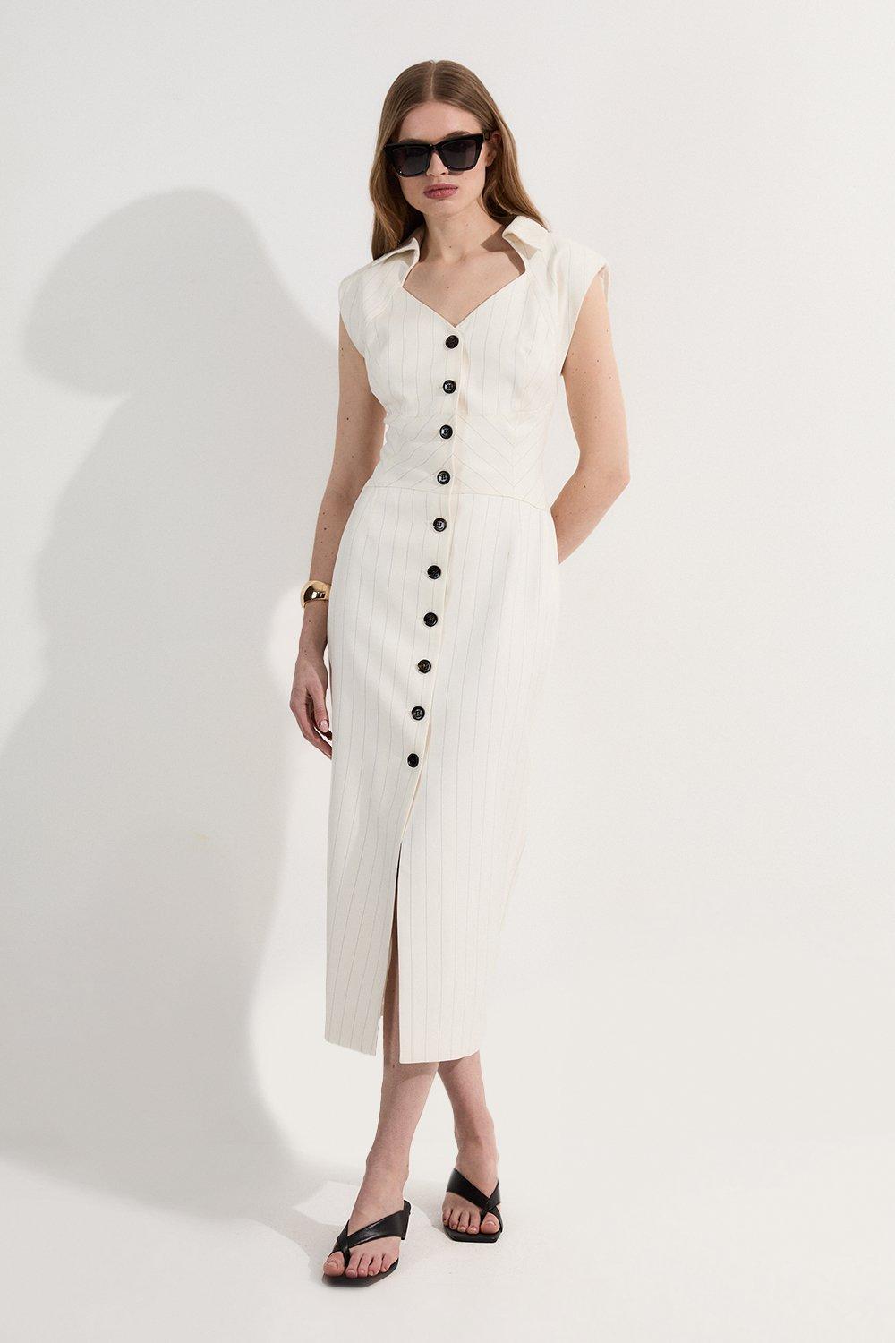 Pinstripe Corseted Tailored Pencil Midi Dress – Ivory