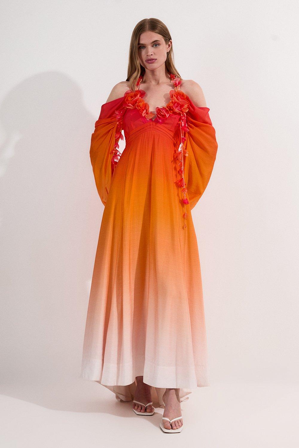 Ombre Applique Printed Cold Shoulder Woven Maxi Dress - Orange