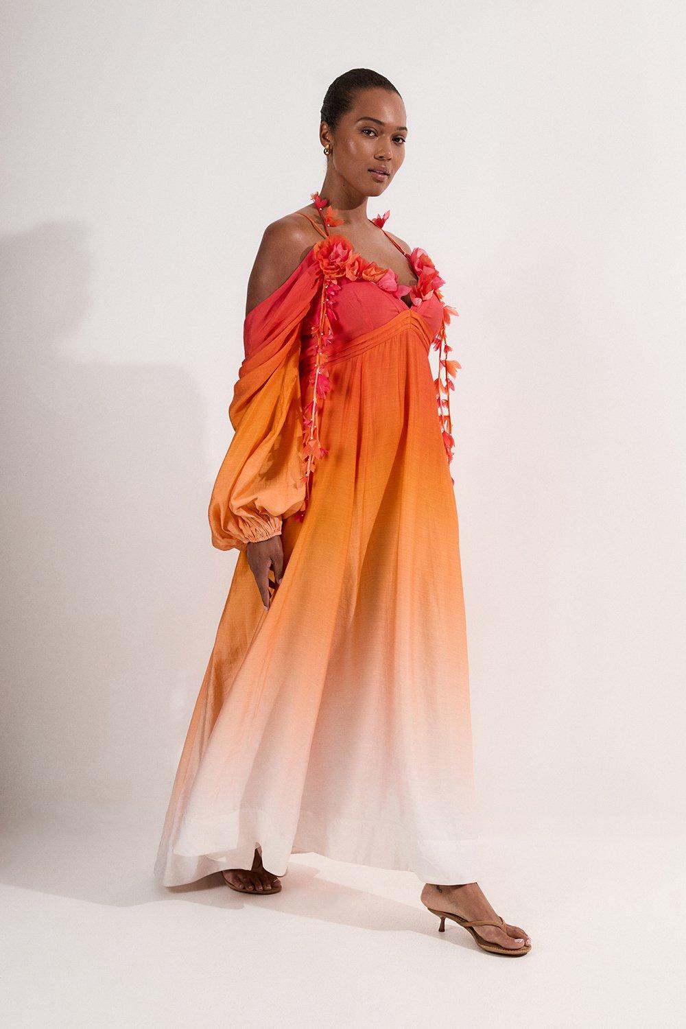 Plus Size Ombre Applique Printed Cold Shoulder Woven Maxi Dress - Orange