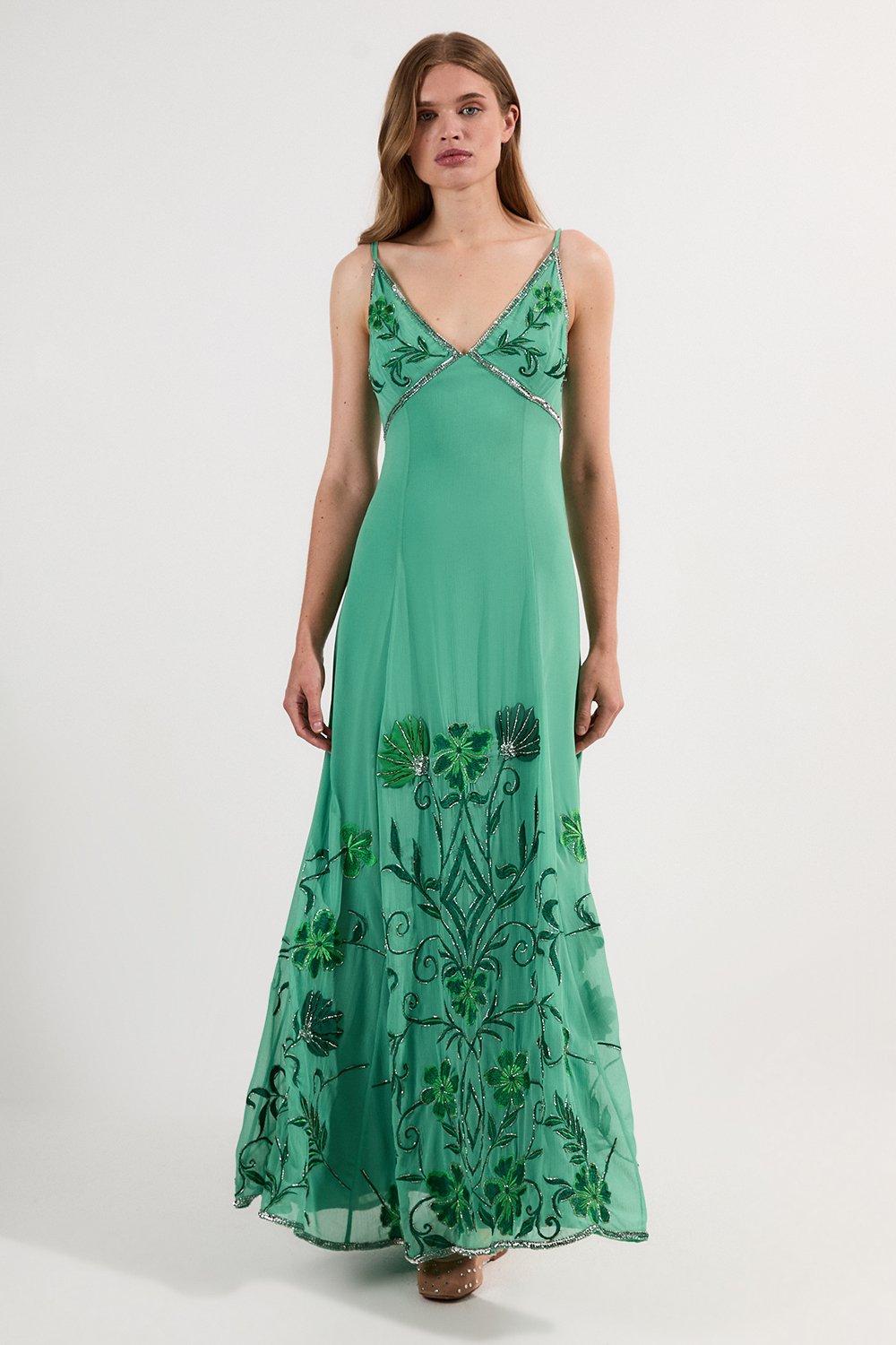 Embroidery Beaded Crinkle Woven Strappy Maxi Dress - Green