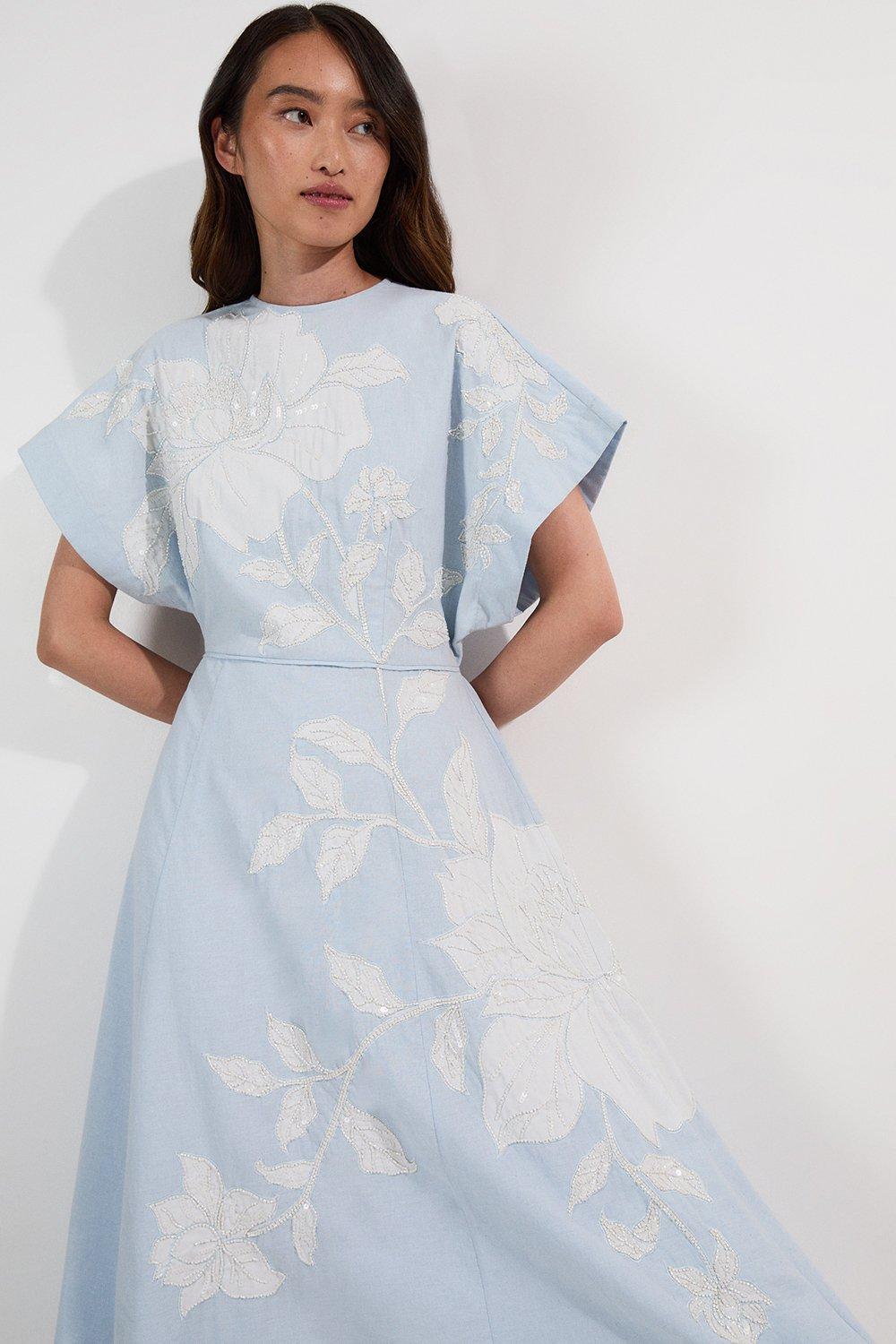 Applique And Beaded Linen Woven Midi Dress With Tie Back Detail - Blue