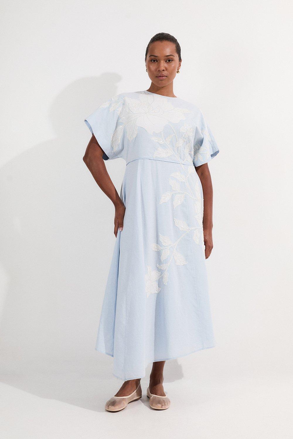 Plus Size Applique And Beaded Linen Woven Midi Dress With Tie Back Detail - Blue