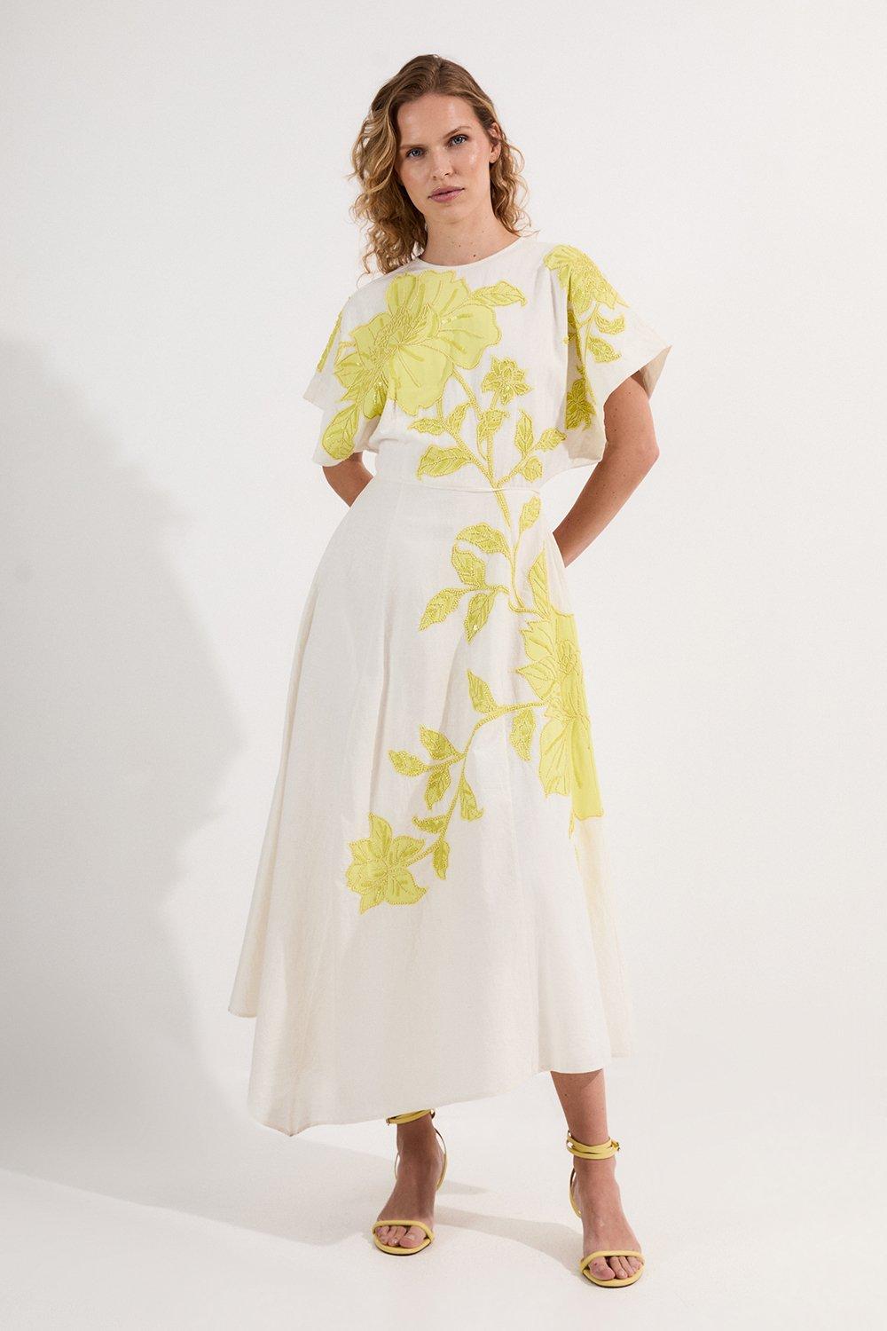 Petite Applique And Beaded Linen Woven Midi Dress With Tie Back Detail - Green