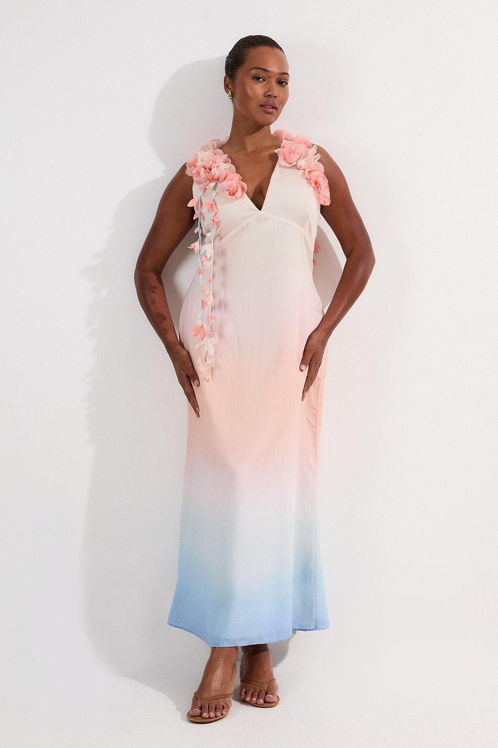 Plus Size Ombre Applique Woven Halter Woven Maxi Dress - Blue