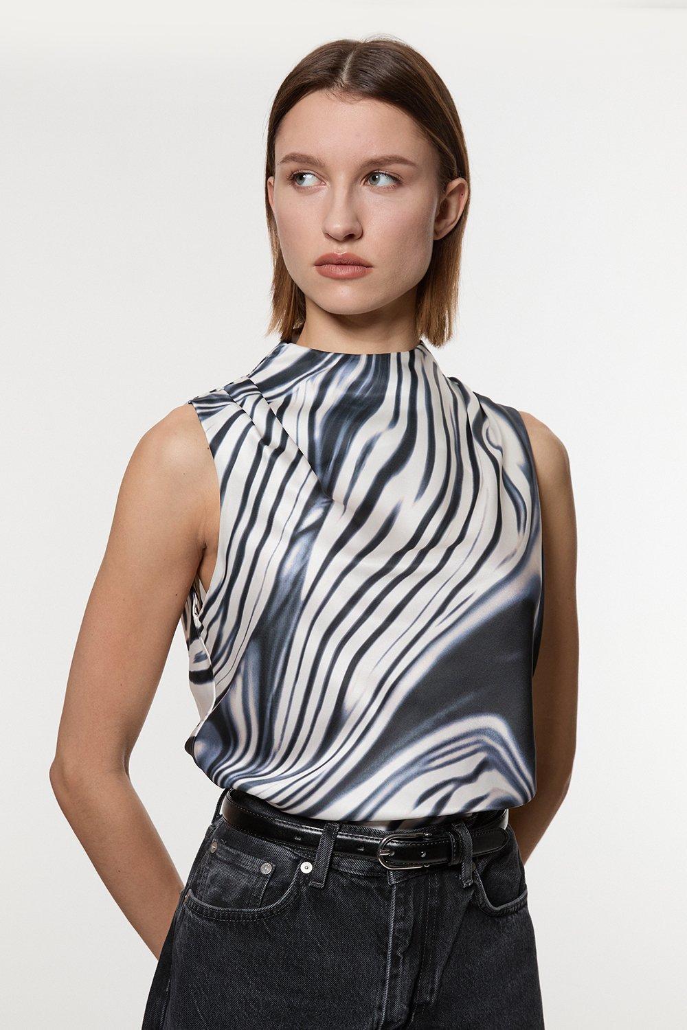 Tall Graduated Stripe Viscose Satin Sleeveless High Neck Blouse - Mono