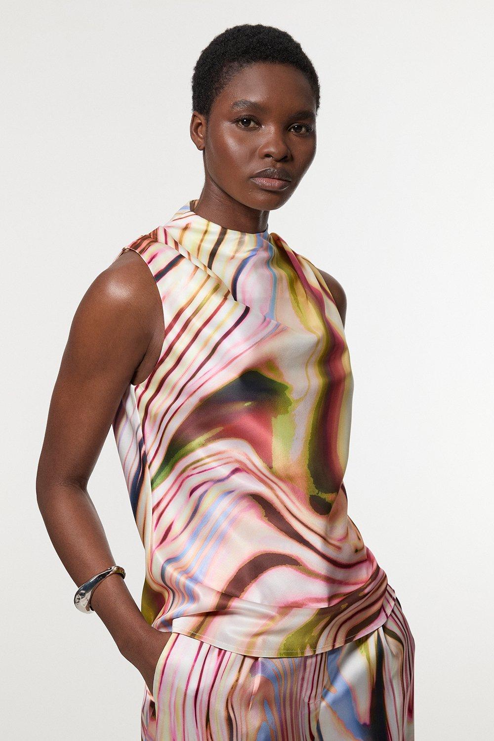 Graduated Stripe Viscose Satin Sleeveless High Neck Blouse - Pink