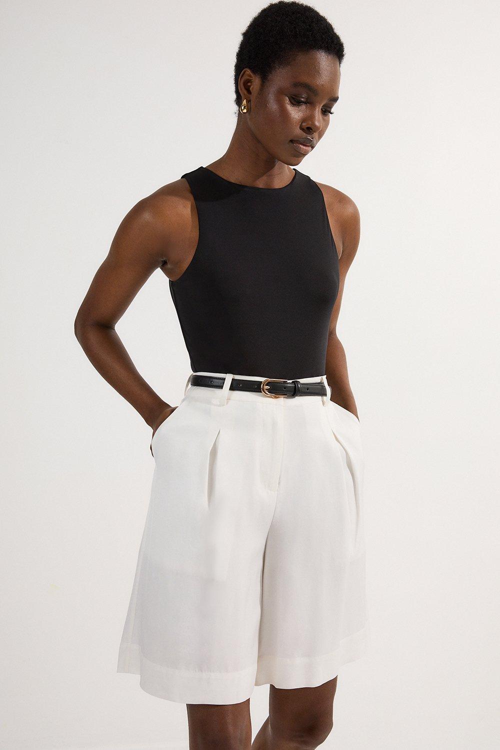 Tall Premium Viscose Linen Belted Woven City Short – White