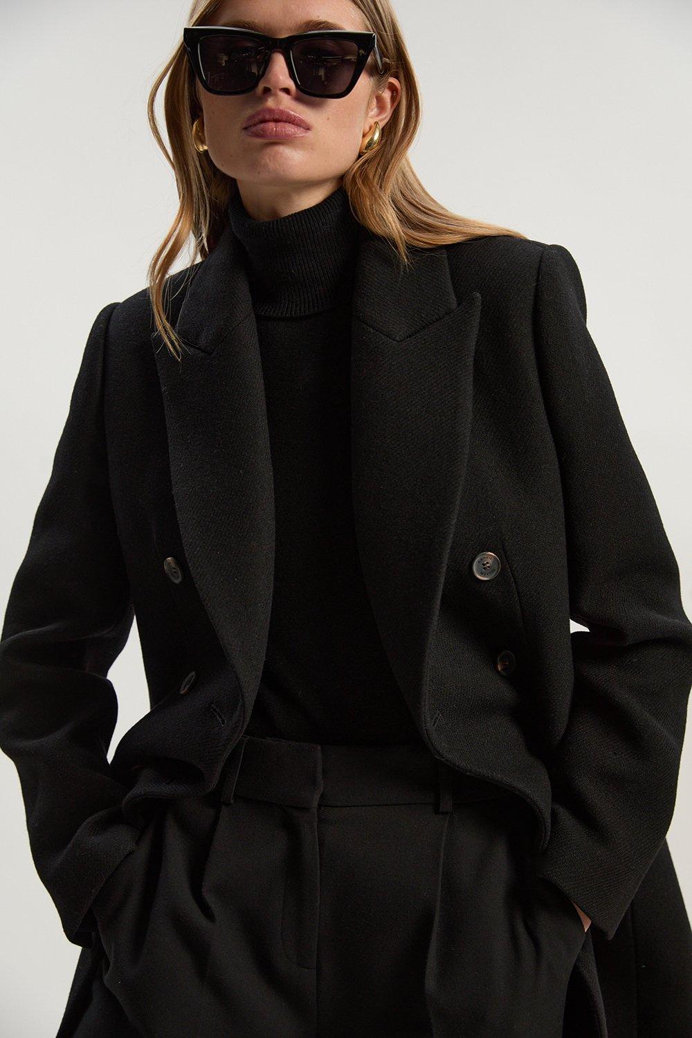 Wool Double Breasted Tailored Midi Coat - Black
