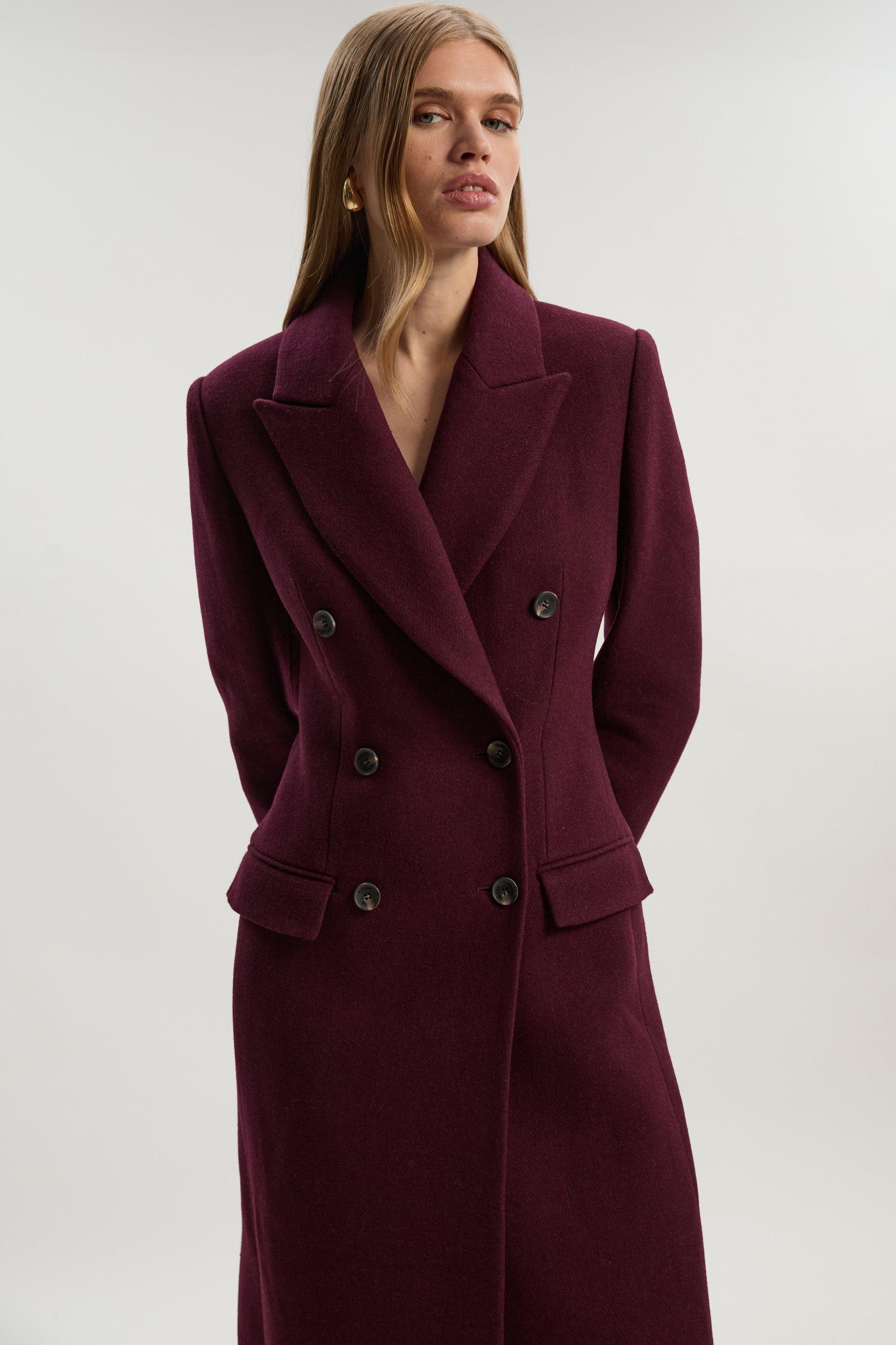 Wool Double Breasted Tailored Midi Coat - Red