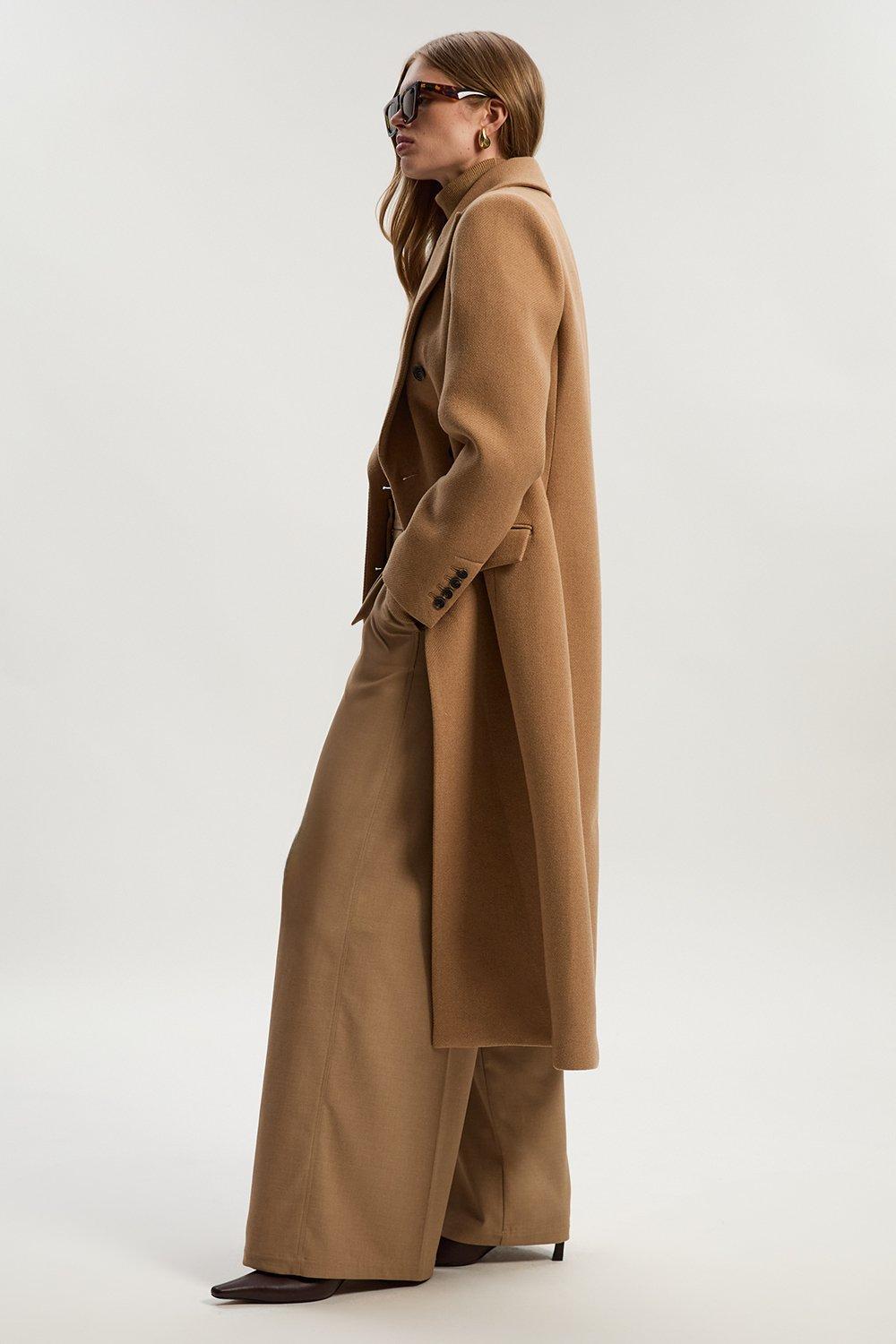Wool Double Breasted Tailored Midi Coat - Camel