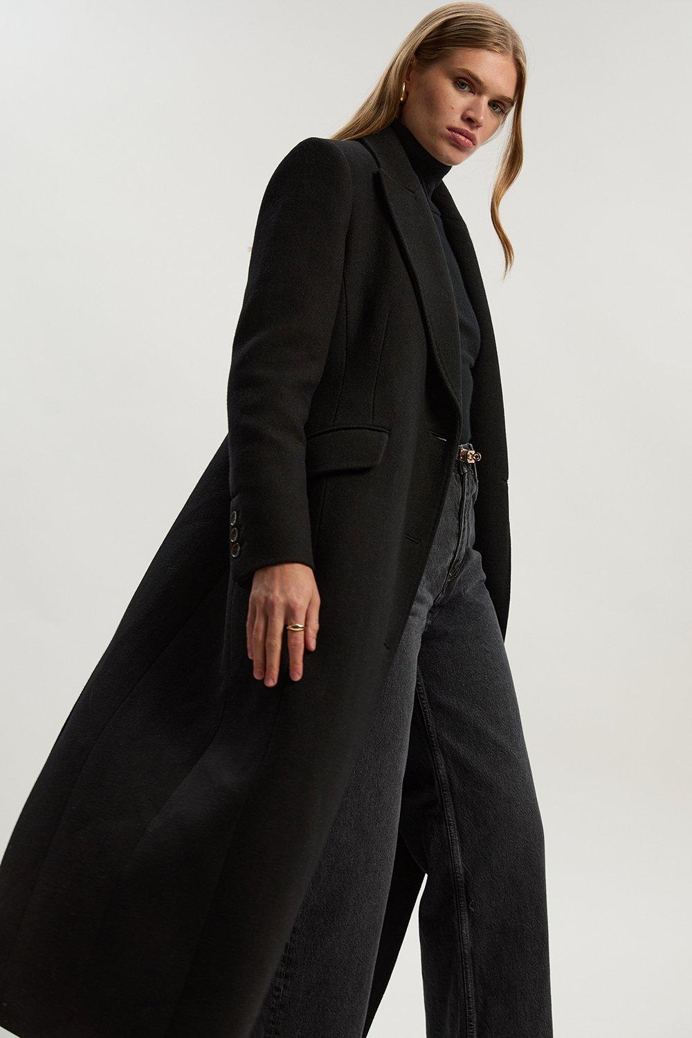 Wool Blend Tailored Fitted Maxi Coat - Black