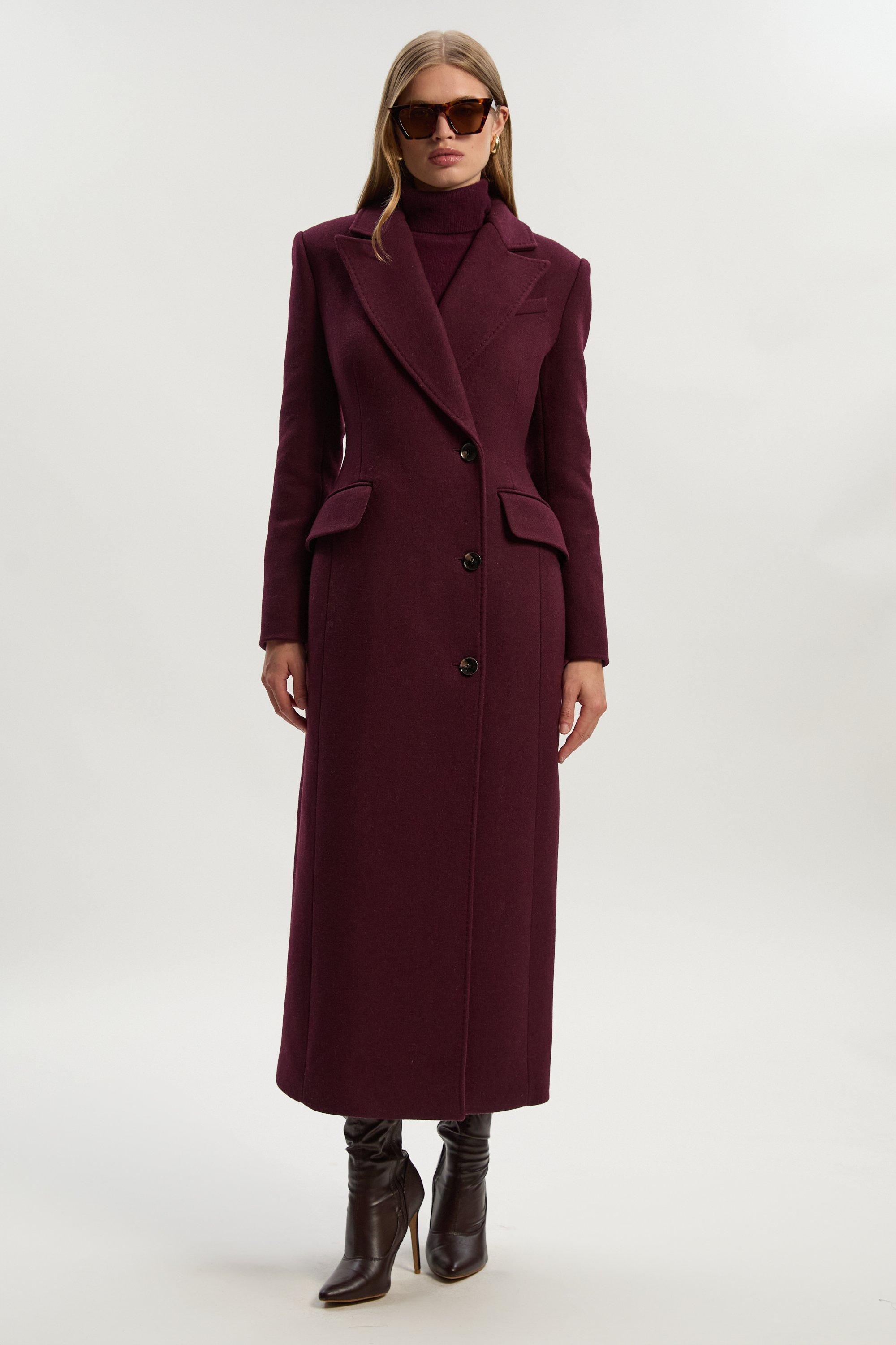Wool Blend Tailored Fitted Maxi Coat - Red