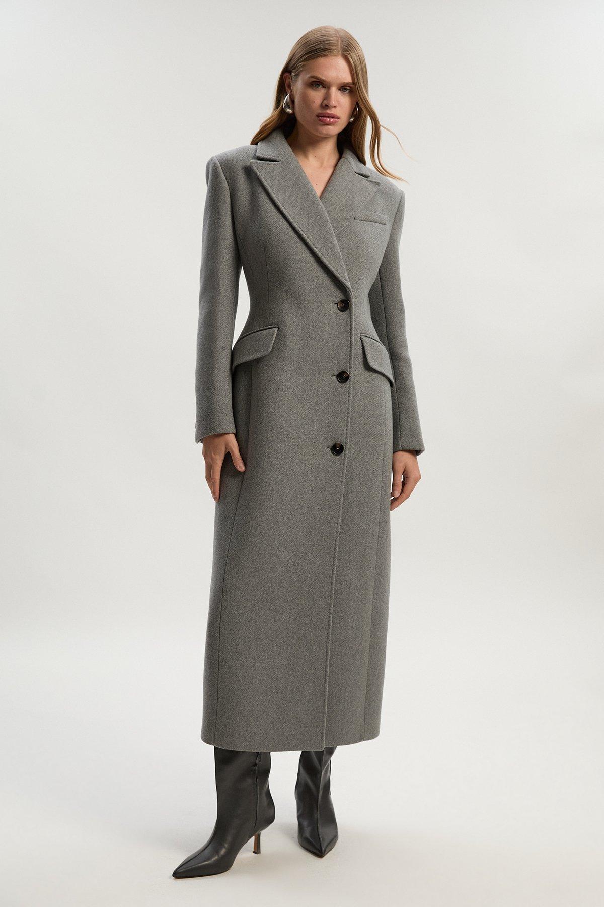 Wool Blend Tailored Fitted Maxi Coat - Grey Marl