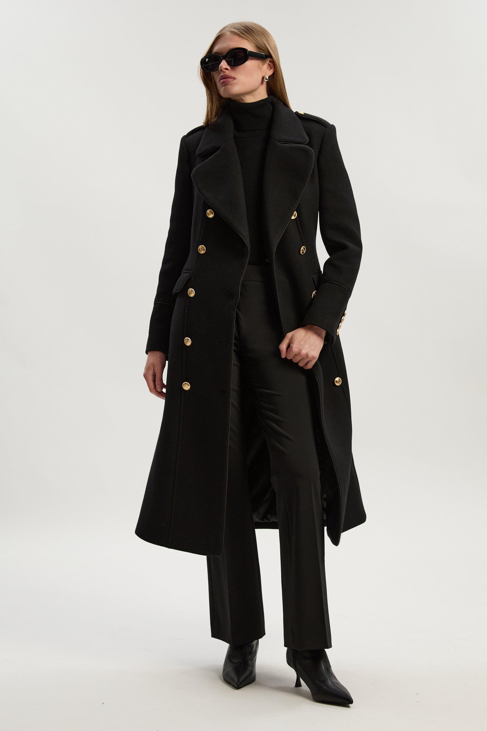 Wool Double Breasted Military Tailored Midi Coat - Black