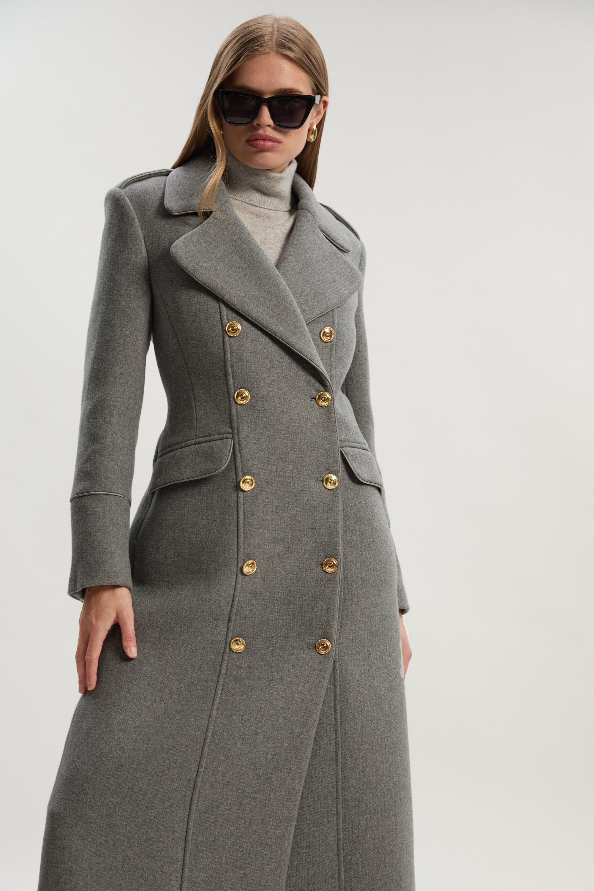 Wool Double Breasted Military Tailored Midi Coat - Grey Marl