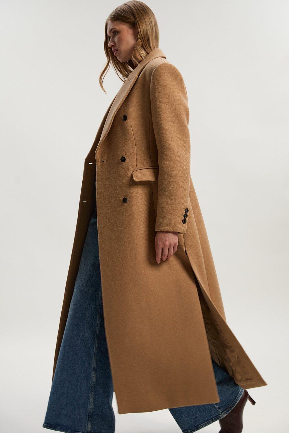 Wool Double Breasted Tailored Maxi Coat - Camel