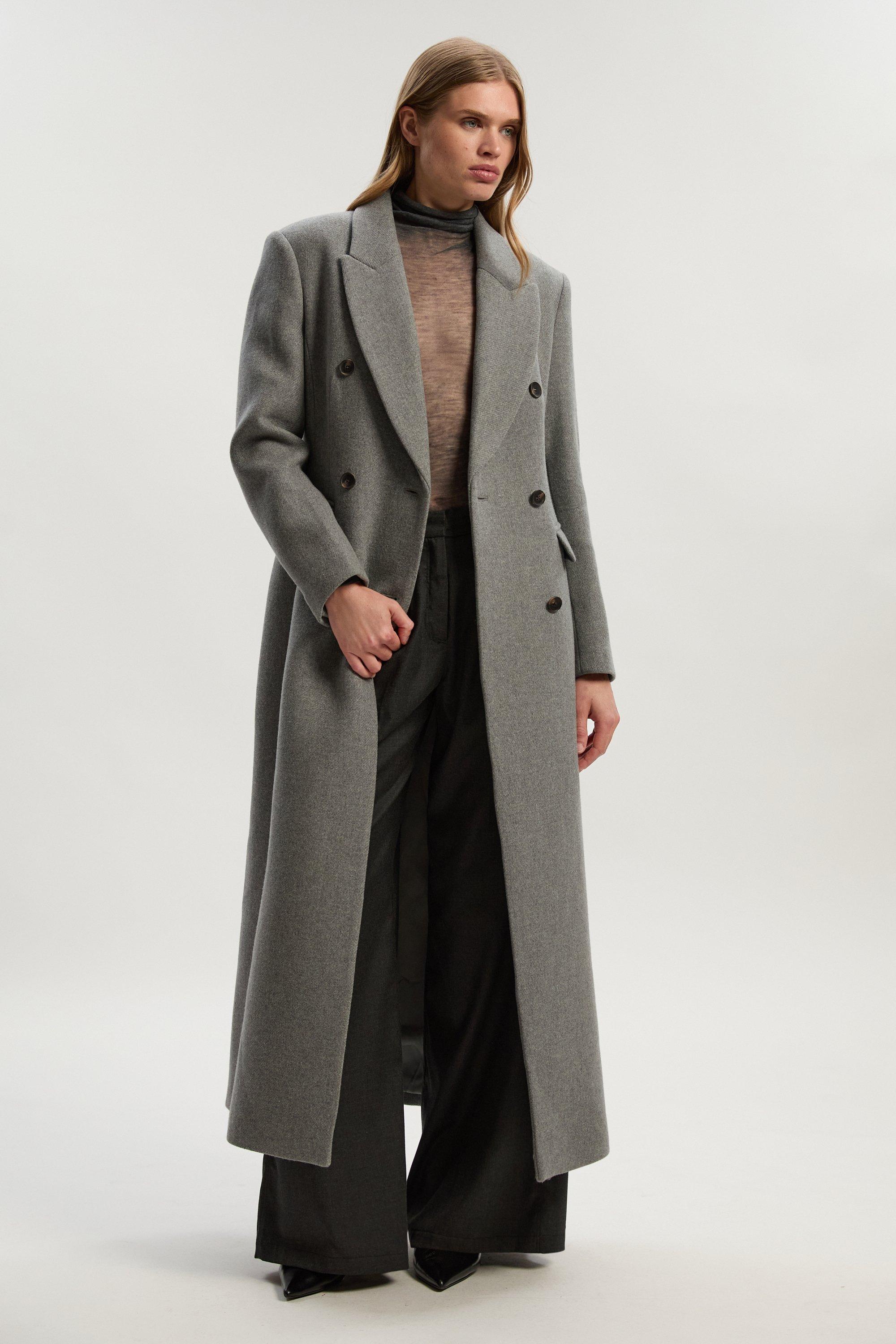 Wool Double Breasted Tailored Maxi Coat - Grey Marl