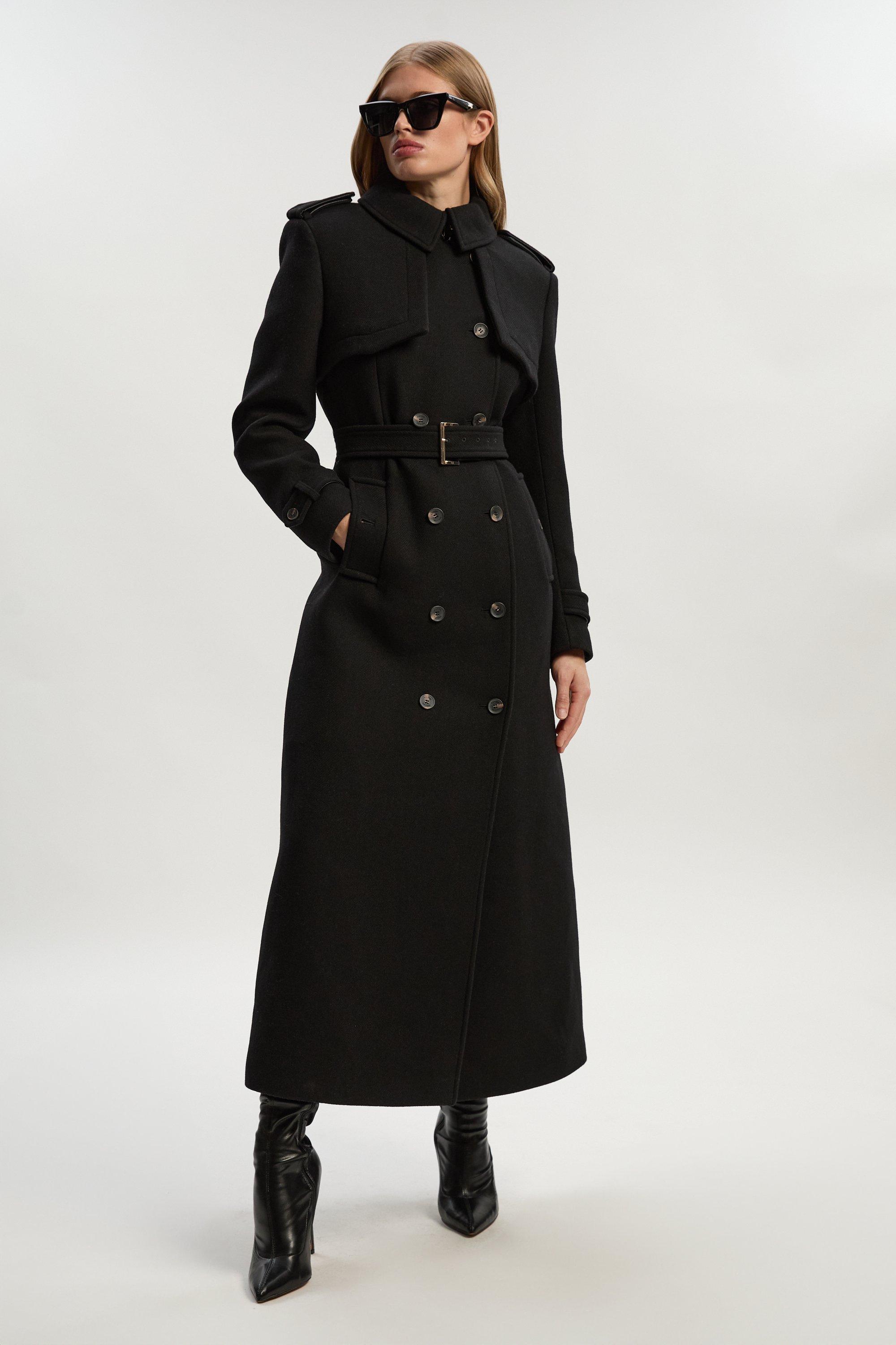 Wool Pu Mix Tailored Belted Trench Maxi Coat - Black