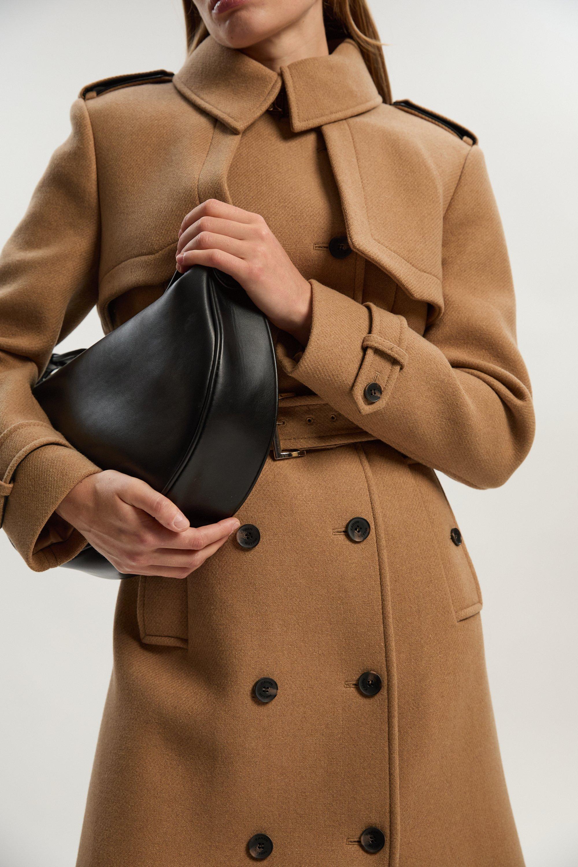 Wool Pu Mix Tailored Belted Trench Maxi Coat - Camel