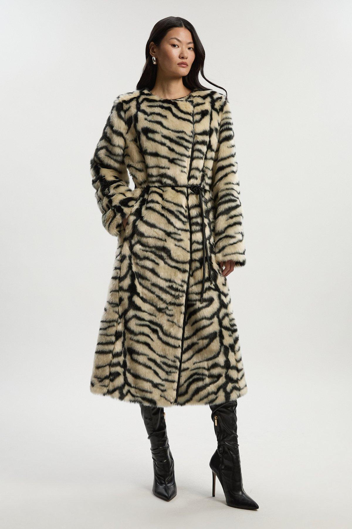 Faux Fur Zebra Collarless Tie Belted Midi Coat - Mono
