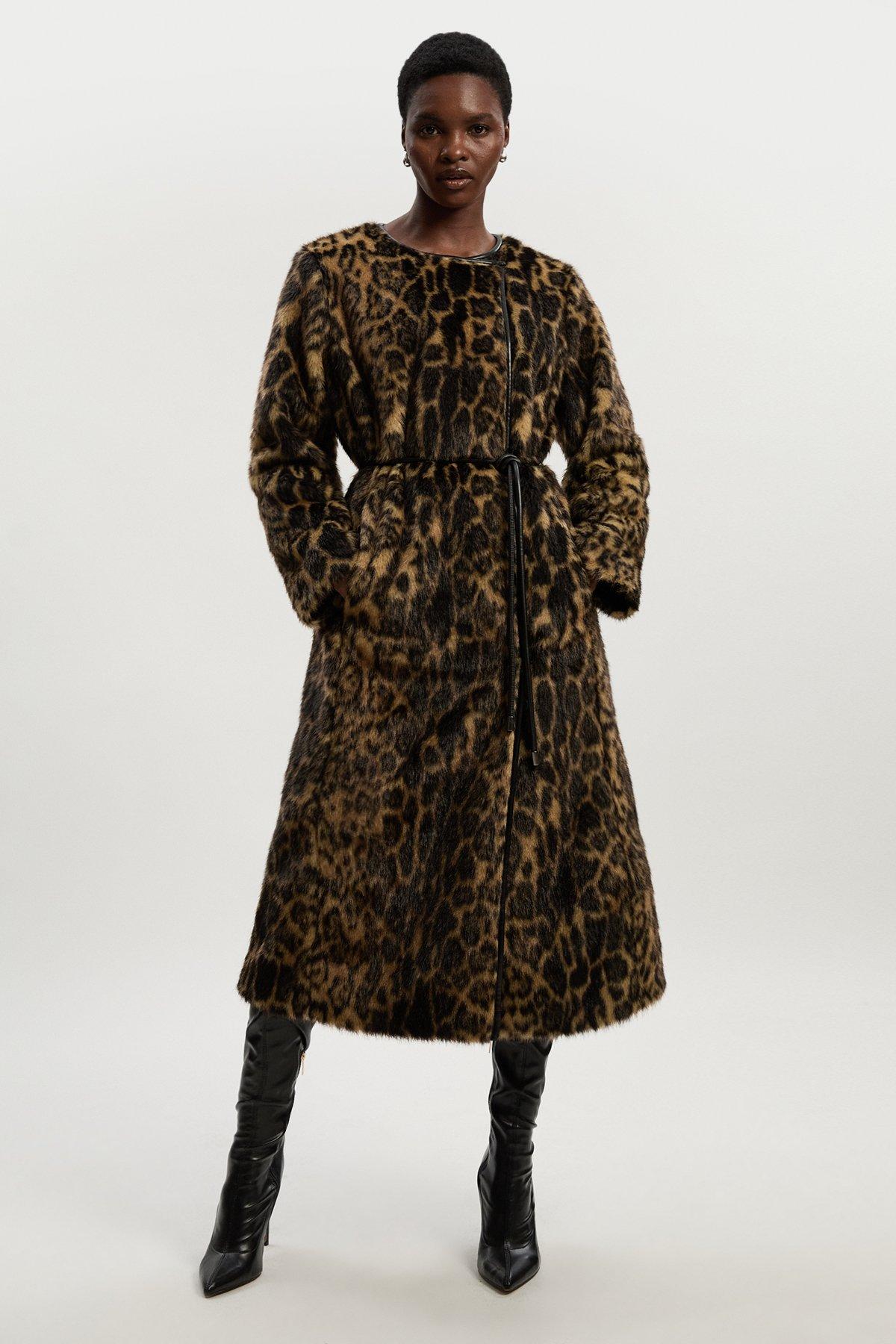 Faux Fur Leopard Collarless Tie Belted Midi Coat