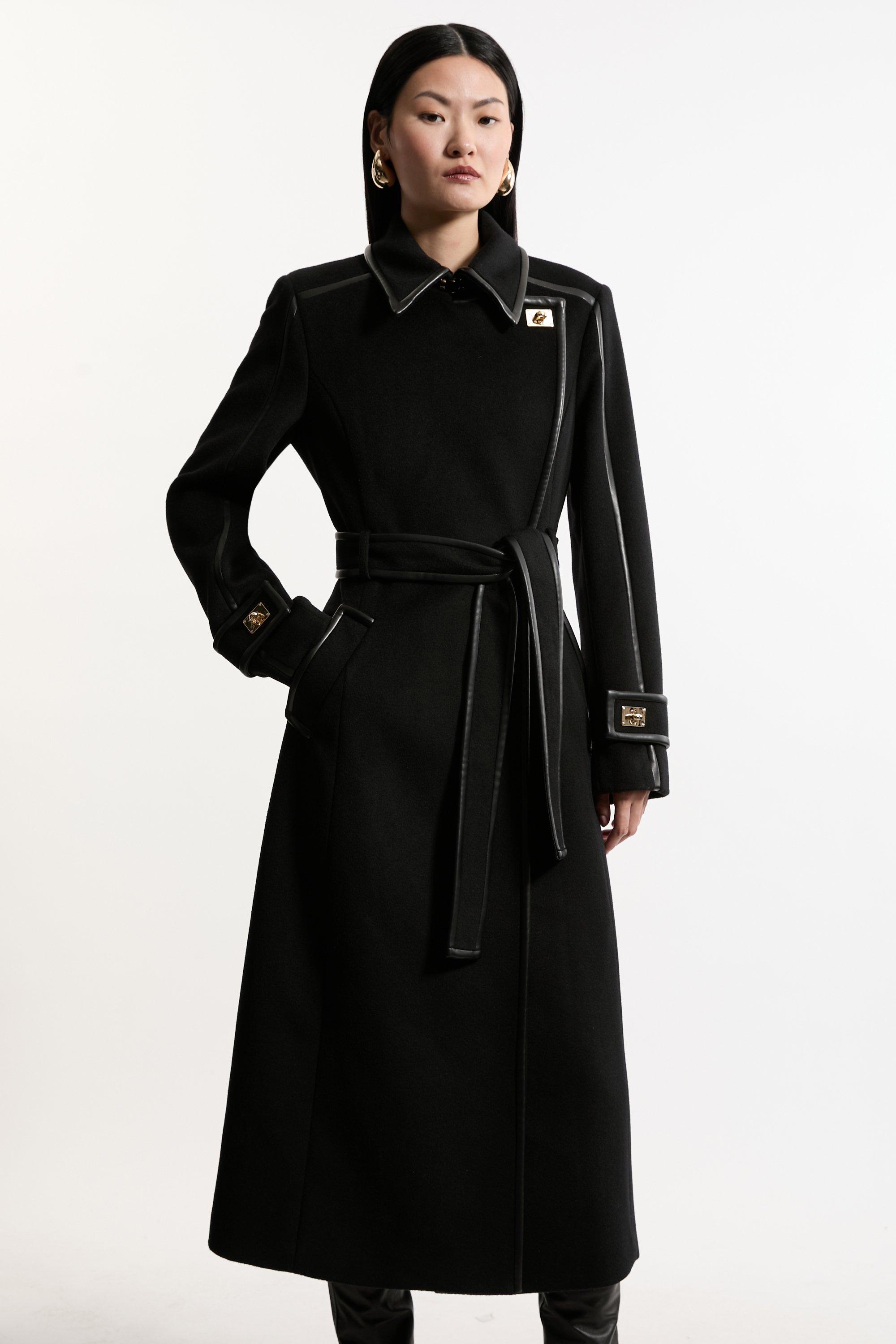 Petite Brushed Wool Pu Trim Belted Tailored Double Breasted Midi Coat - Black