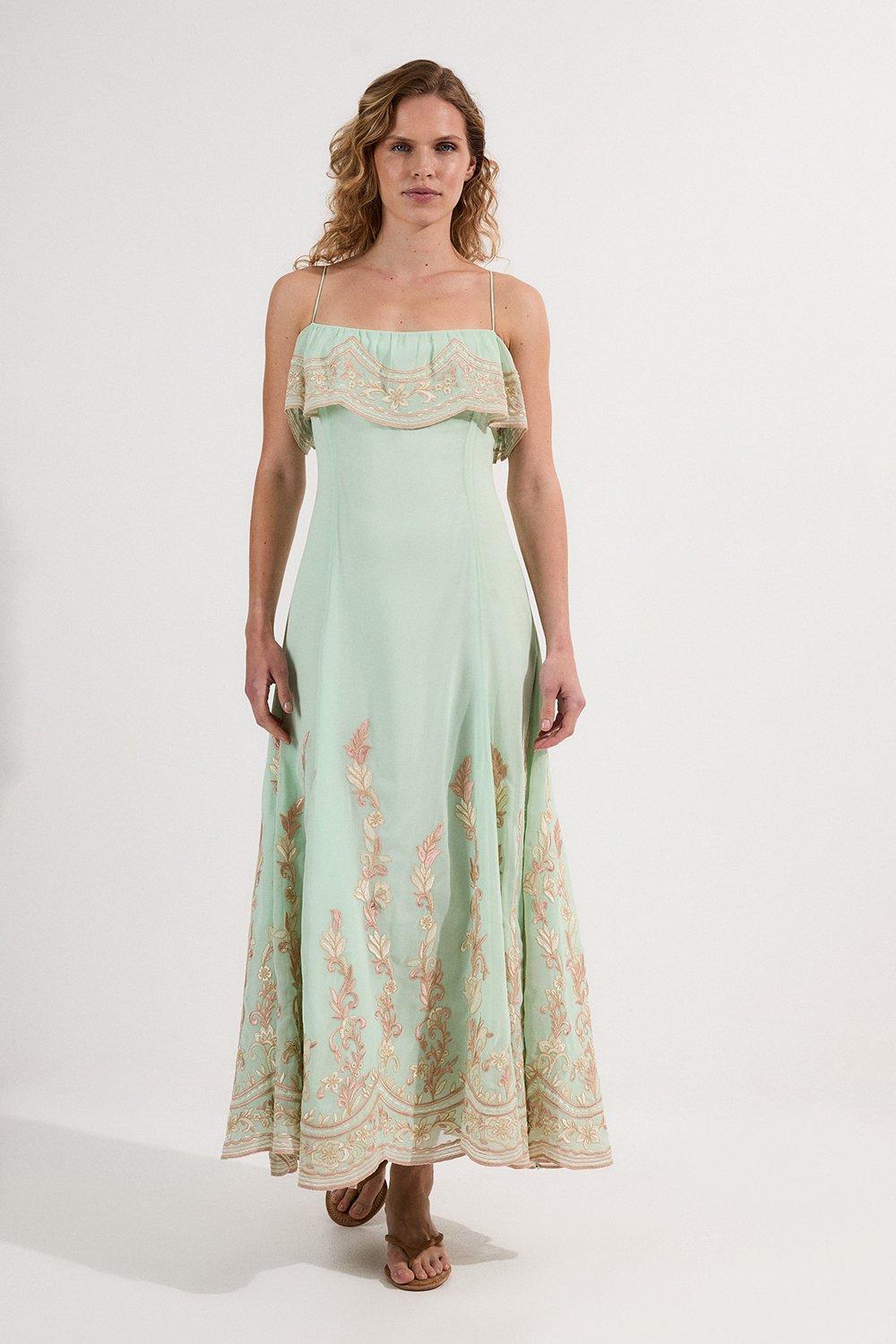 Petite Embroidered Applique Strappy Midi Dress - Sage