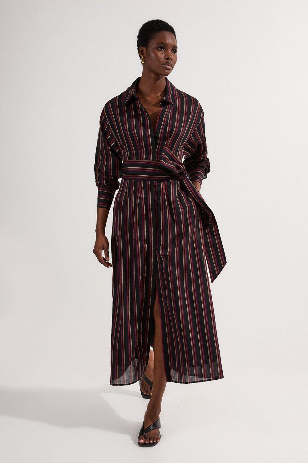 Premium Cotton Tailored Belted Shirt Maxi Dress - Stripe