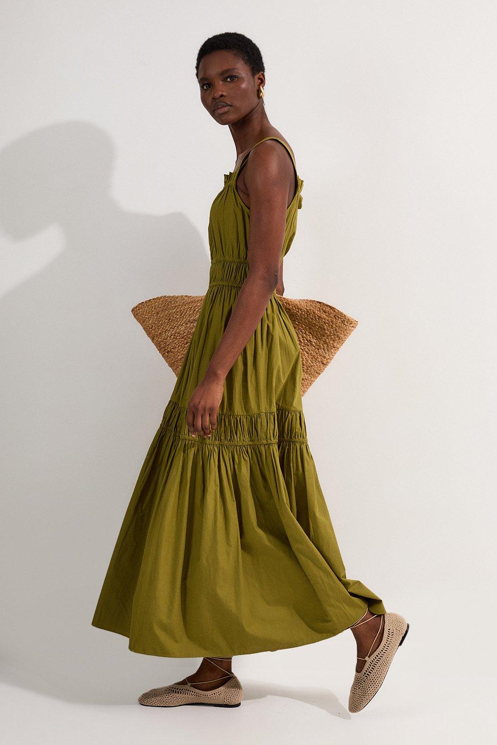 Petite Shirred Cotton Tiered Woven Strappy Maxi Dress - Khaki/Green