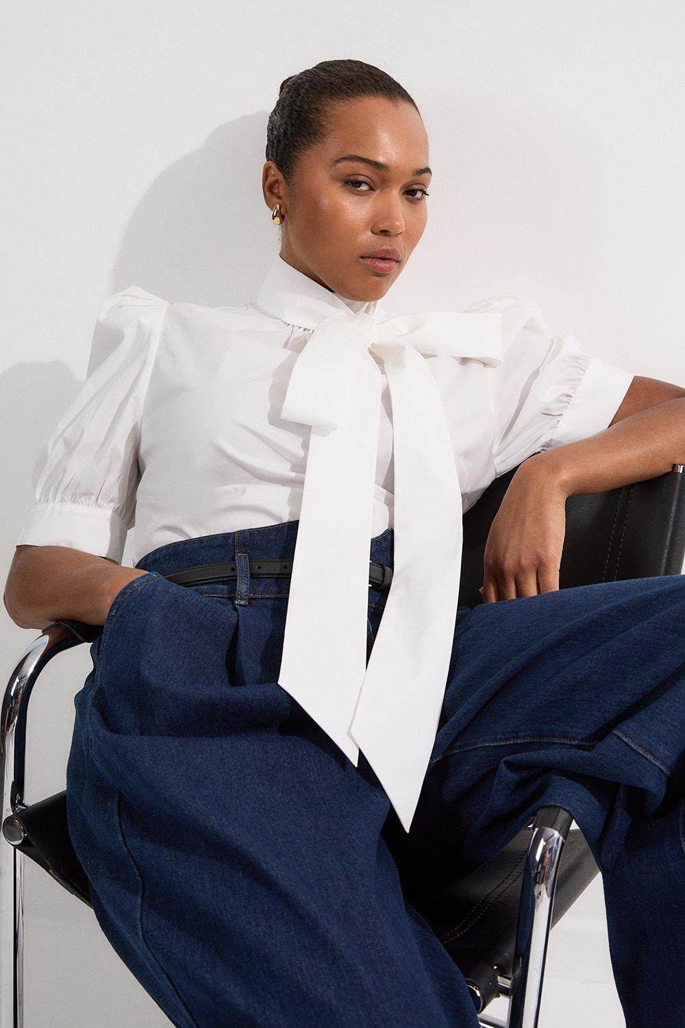 Plus Size Cotton Poplin Pussy Bow Puff Sleeve Woven Blouse - Ivory