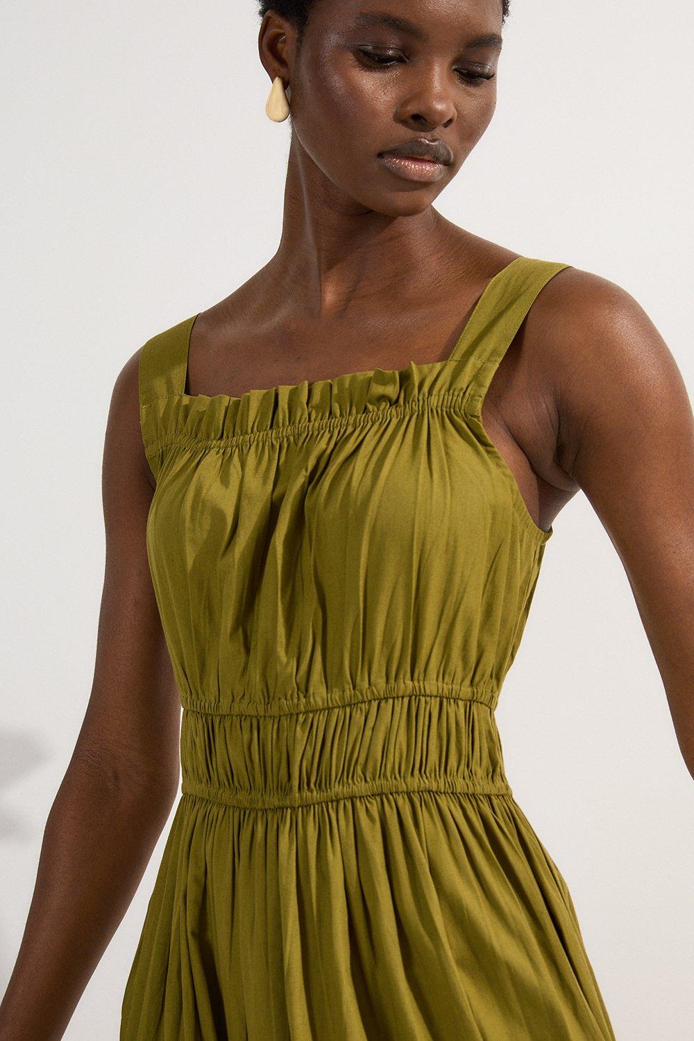 Shirred Cotton Tiered Woven Strappy Maxi Dress - Khaki/Green
