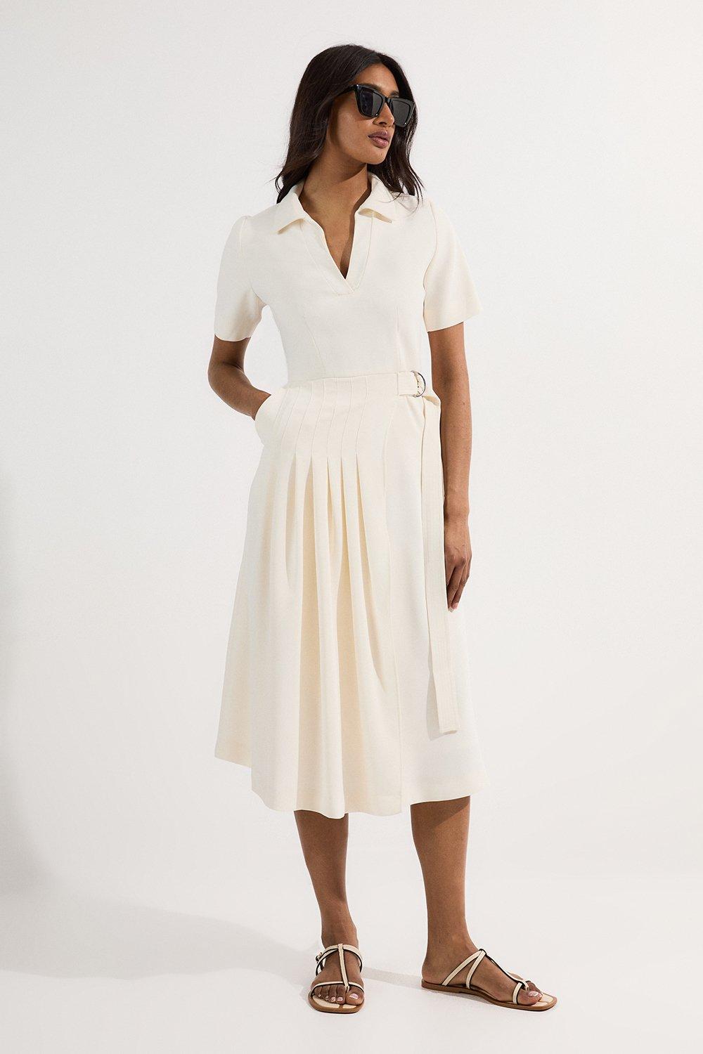 Soft Tailored Pleated Belted Midi Dress - Ivory