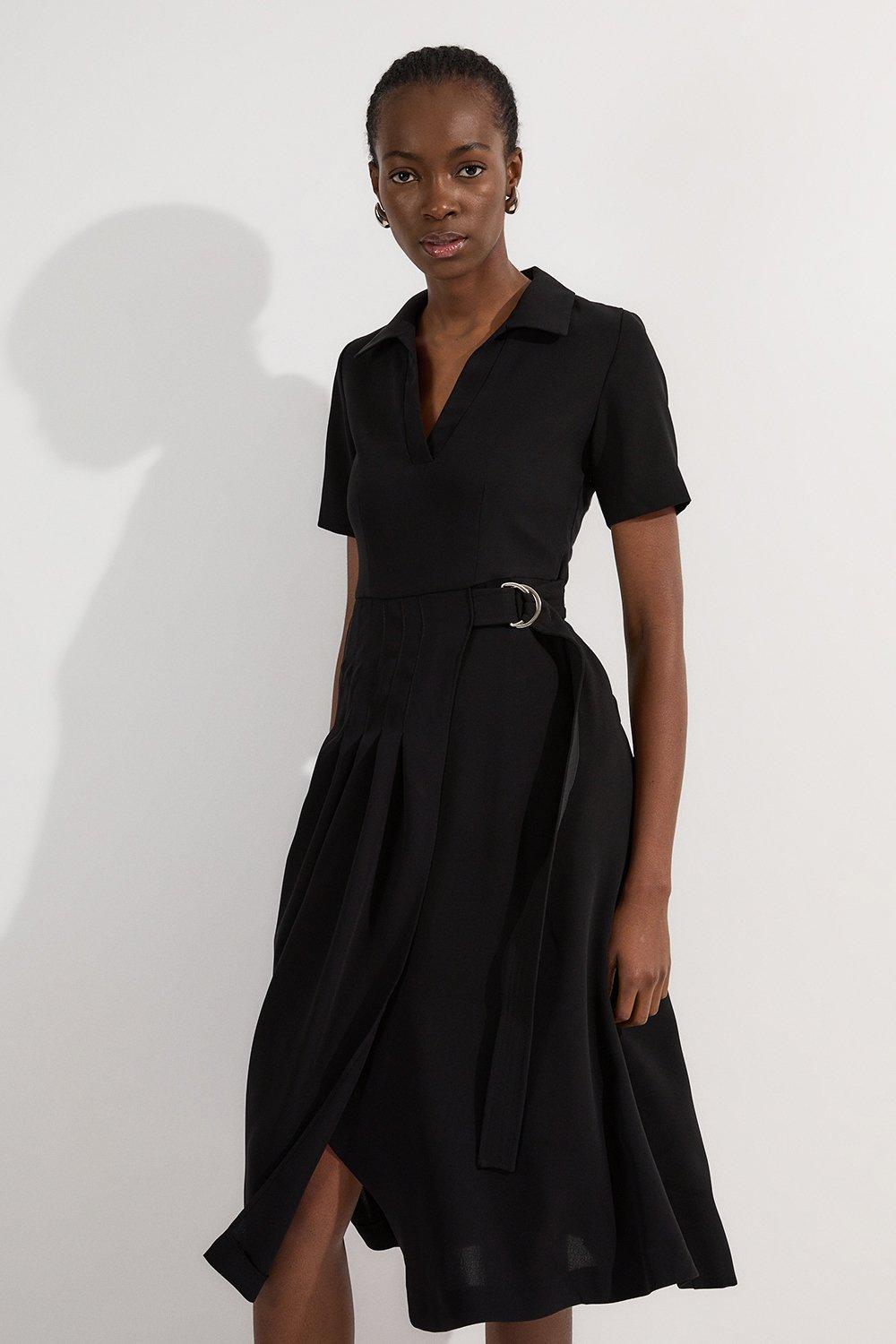 Petite Soft Tailored Pleated Belted Midi Dress - Black