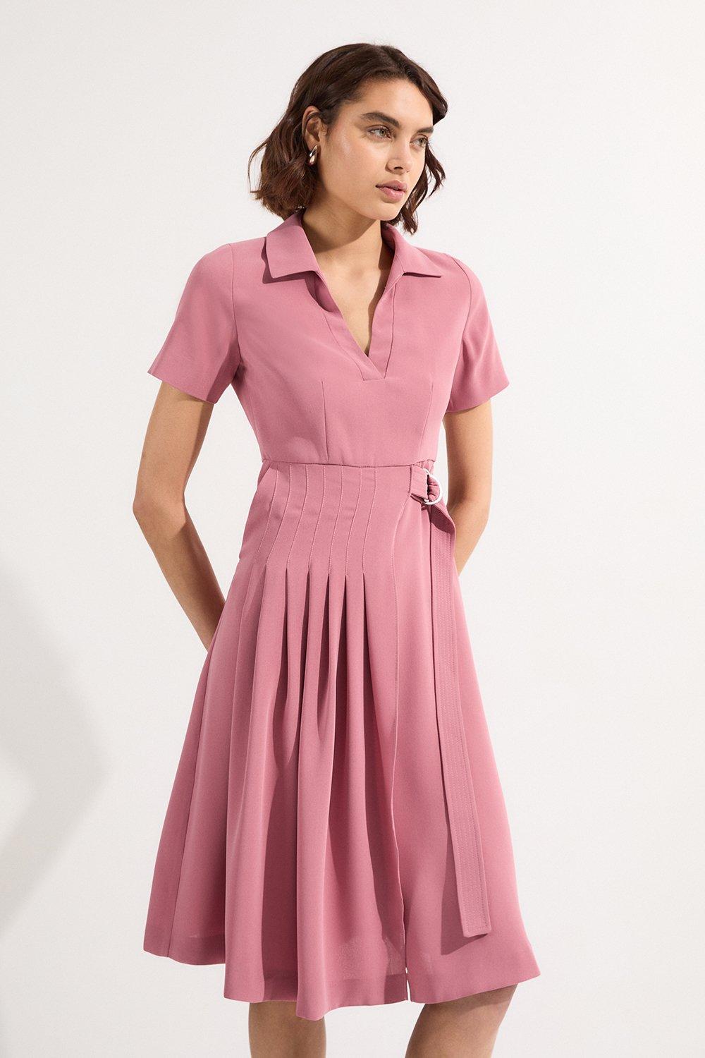 Petite Soft Tailored Pleated Belted Midi Dress - Dusty Pink
