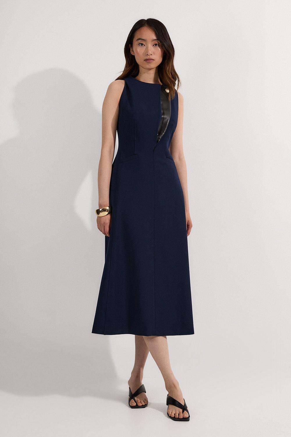 Compact Stretch Contrast Tipped Full Skirted Maxi Dress - Navy