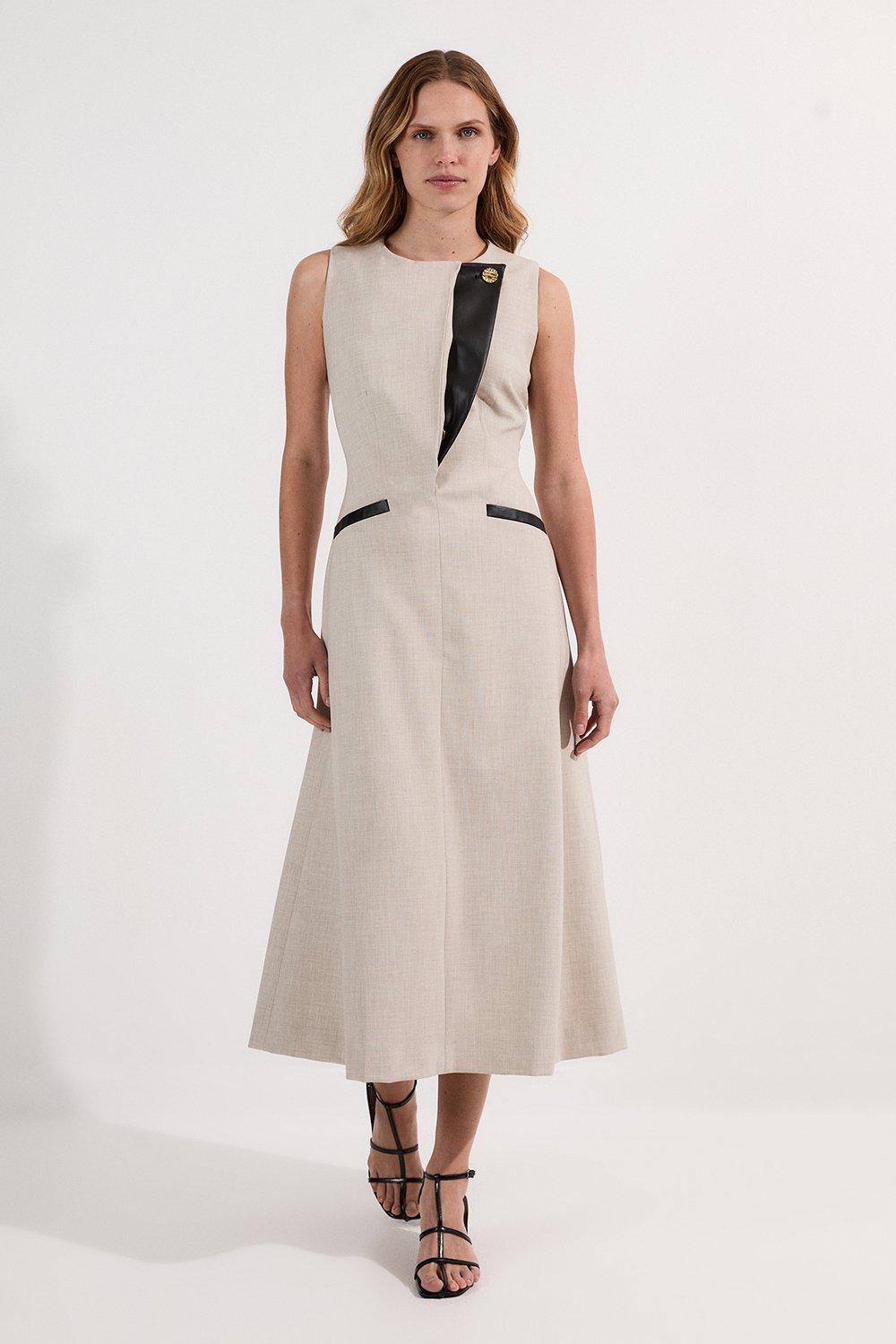 Tailored Marl Contrast Tipped Full Skirted Maxi Dress - Neutral
