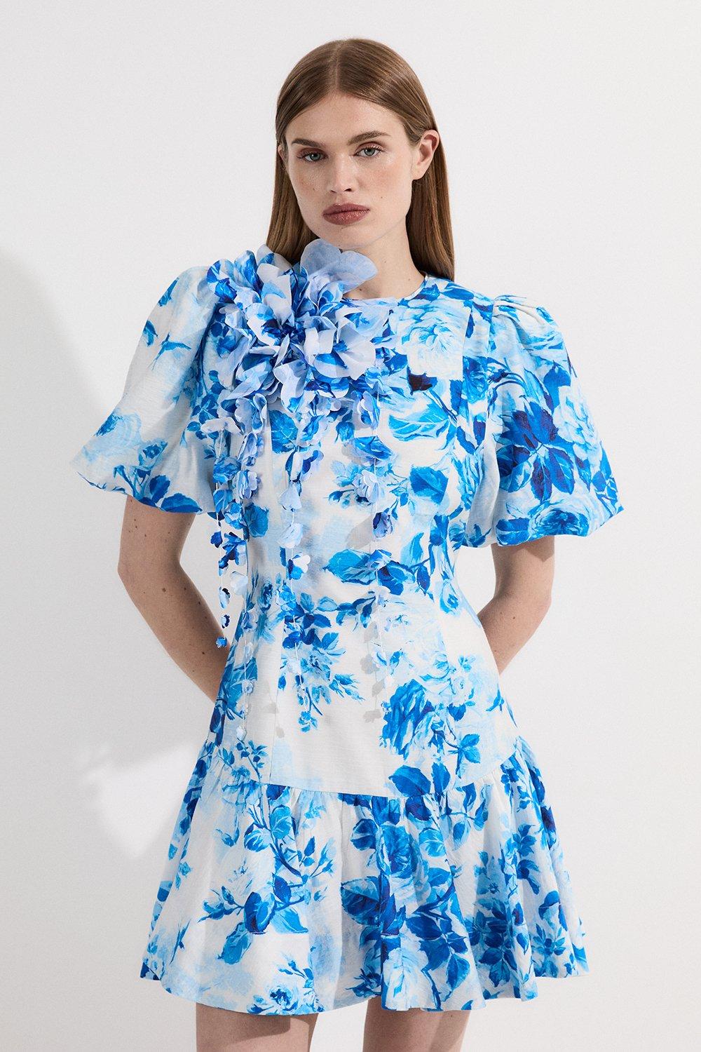 Floral Print & Applique Puff Sleeve Woven Mini Dress - Blue