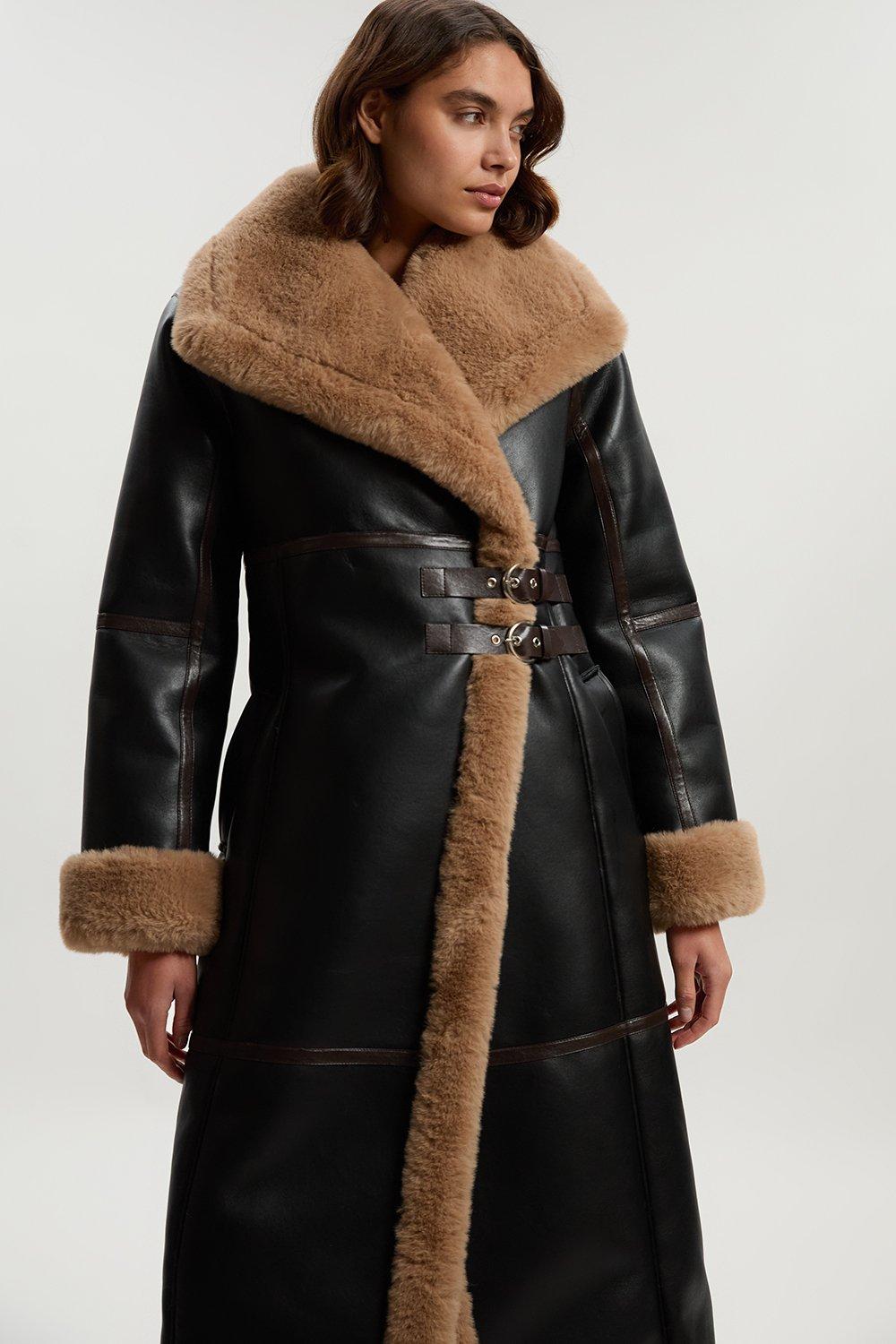 Faux Shearling Oversize Collar Buckle Midi Coat