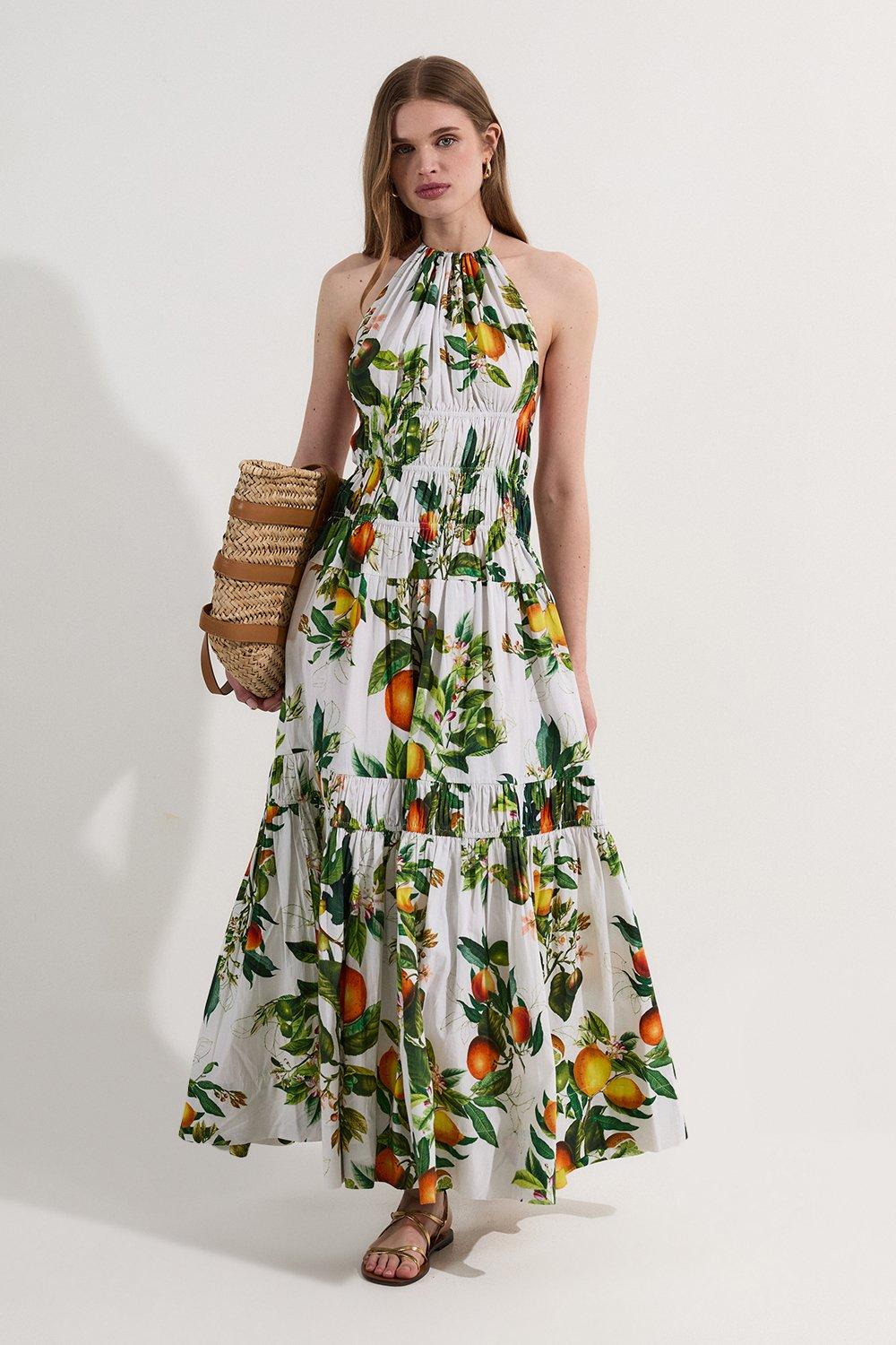 Petite Shirred Cotton Tiered Fruit Print Halter Neck Woven Maxi Dress